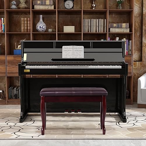 Miniatura 9 de HAPPYGRILL Banco de piano con cojín acolchado de piel sintética, cómodo taburete de asiento doble con almacenamiento y pata de madera maciza