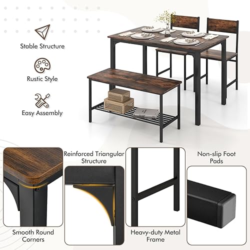 Miniatura 2 de GOFLAME Juego de mesa de comedor de 4 piezas para 4, mesa de cocina industrial con 2 sillas y banco, juego de mesa de desayuno que ahorra espacio