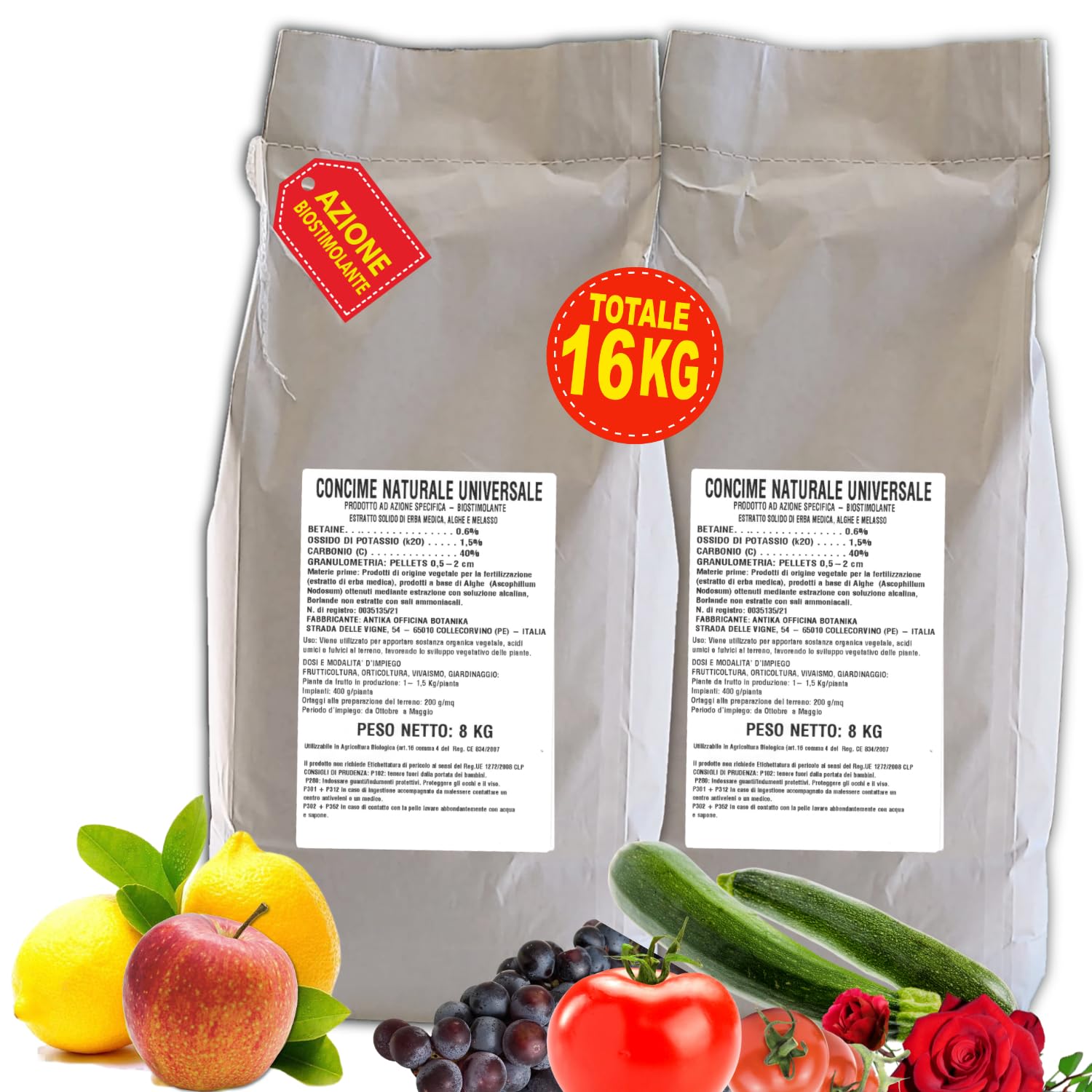 Concime Bio naturale ad azione biostimolante con ascophillum nodosum e borlanda essiccata per orto, frutteto, giardinaggio, vivaismo busta da 8 kg (Duo pack da 16 Kg)