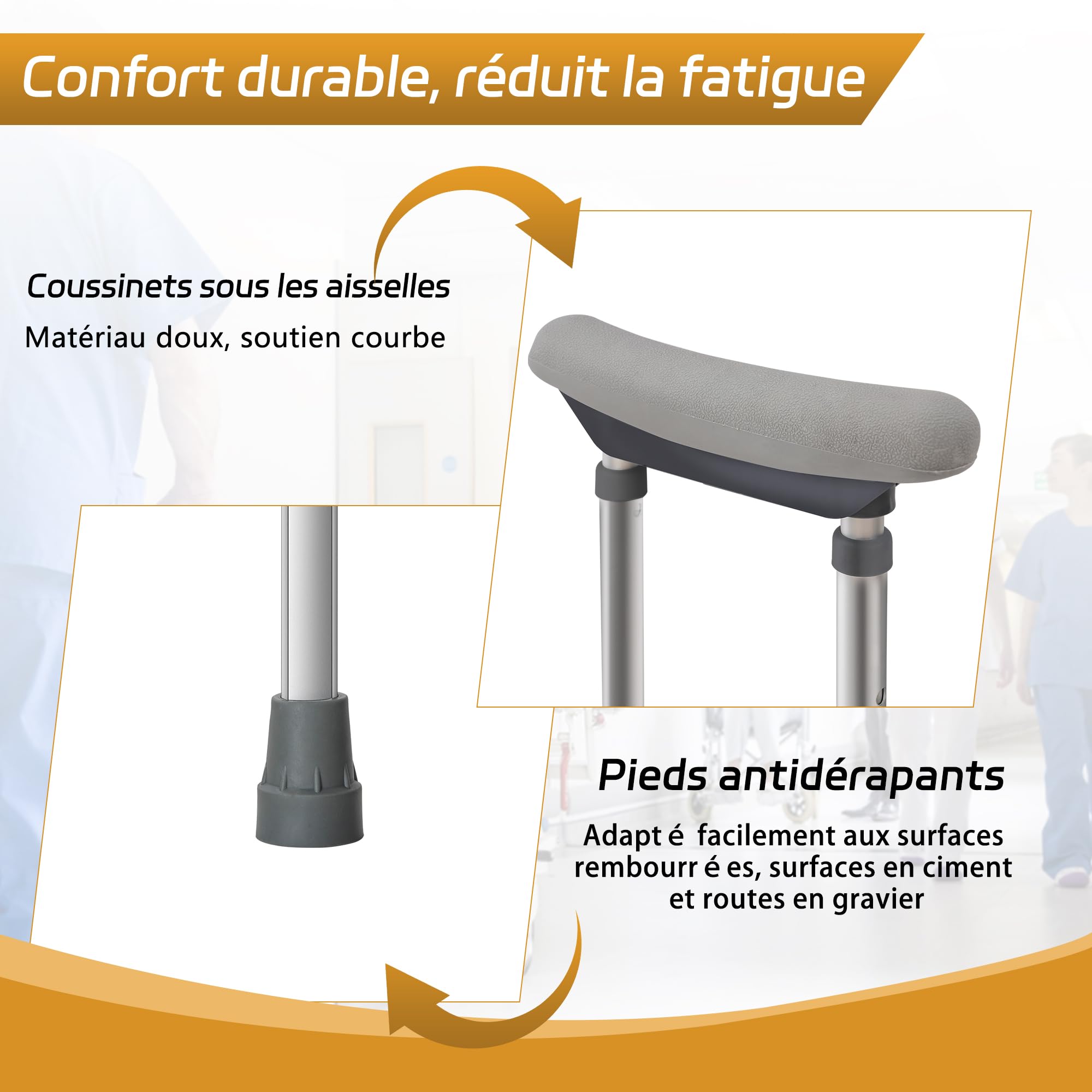 OUUTMEE Béquilles sous Aisselle Pliables en Aluminium, Paire, Jusqu'à 150KG | Réglable en Hauteur: 98~158CM, Appui Axillaire Léger, Pour Marche, Blessures et Rééducation