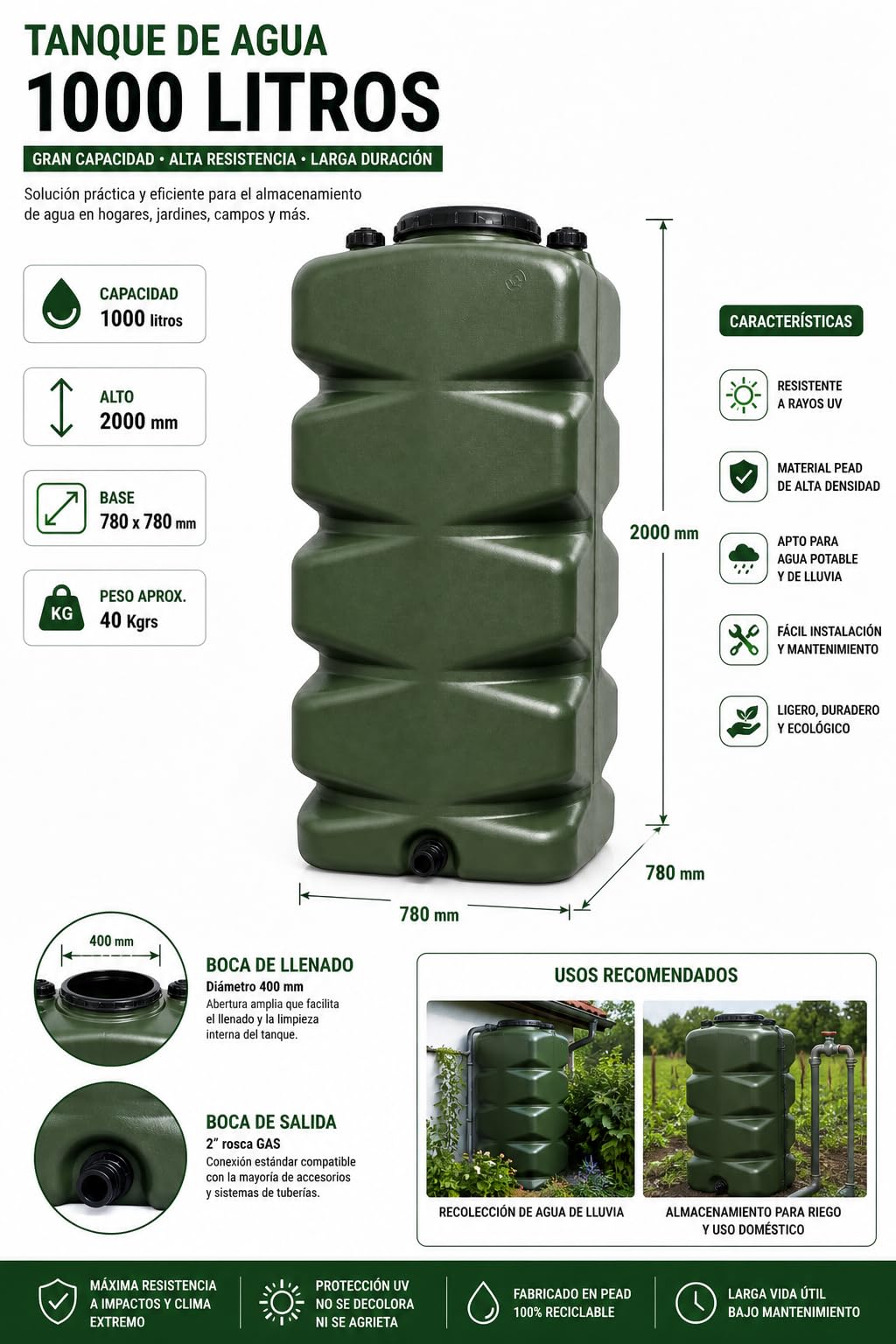 Deposito Agua Potable Modular | Deposito Agua 1000 litros Polietileno HDPE Apto Consumo Humano | Boca 400 mm y Salida 2” Rosca Gas | Uso Alimentario | Resistencia y Seguridad