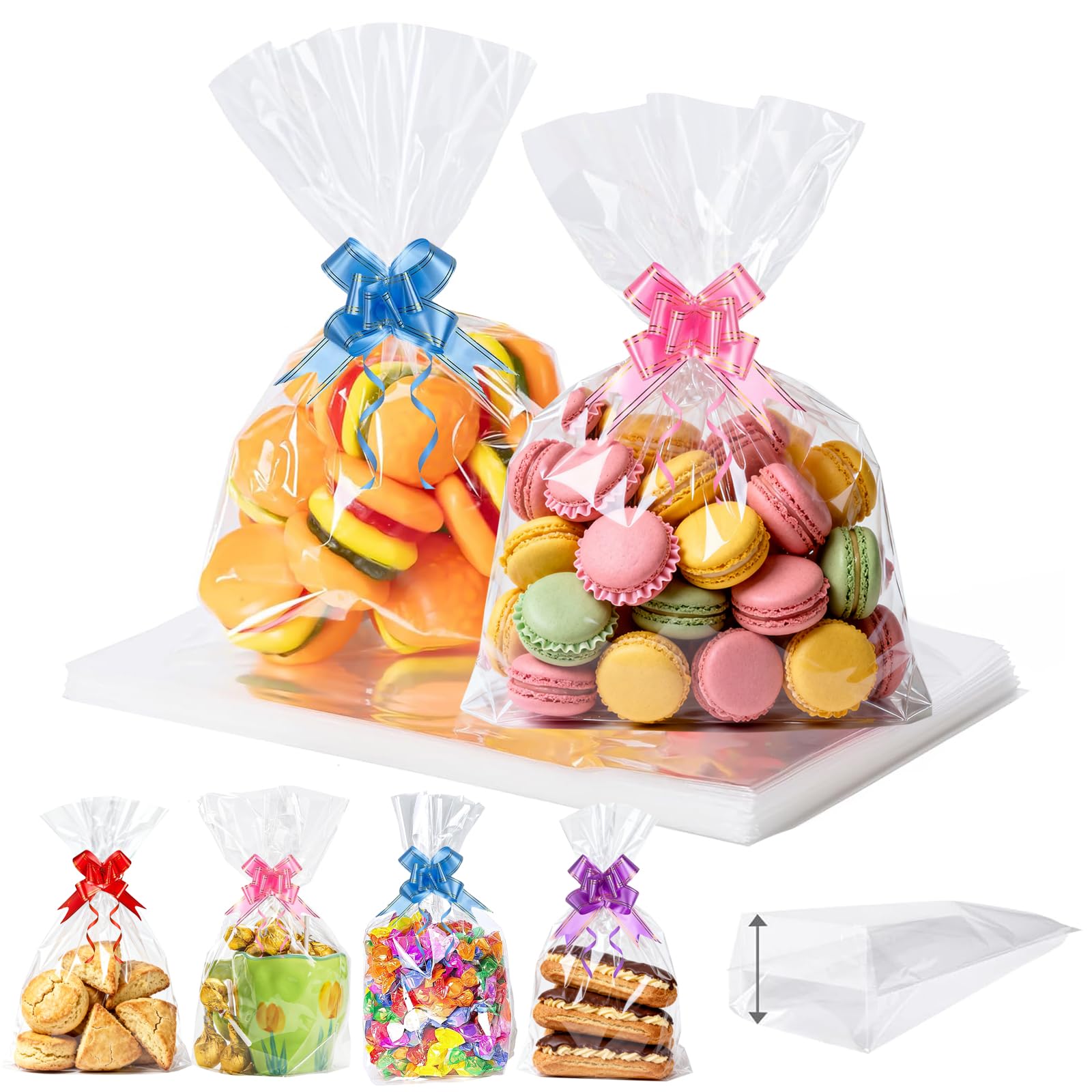 100Pcs Cellophane Bags with Pull Bows 8" X 12" Flat Bottom Clear Sweet Bags, Food Safe Cookie Bags, Treat and Party Bags for Mugs, Plastic Cellophane Gift Bags for Halloween, Christmas