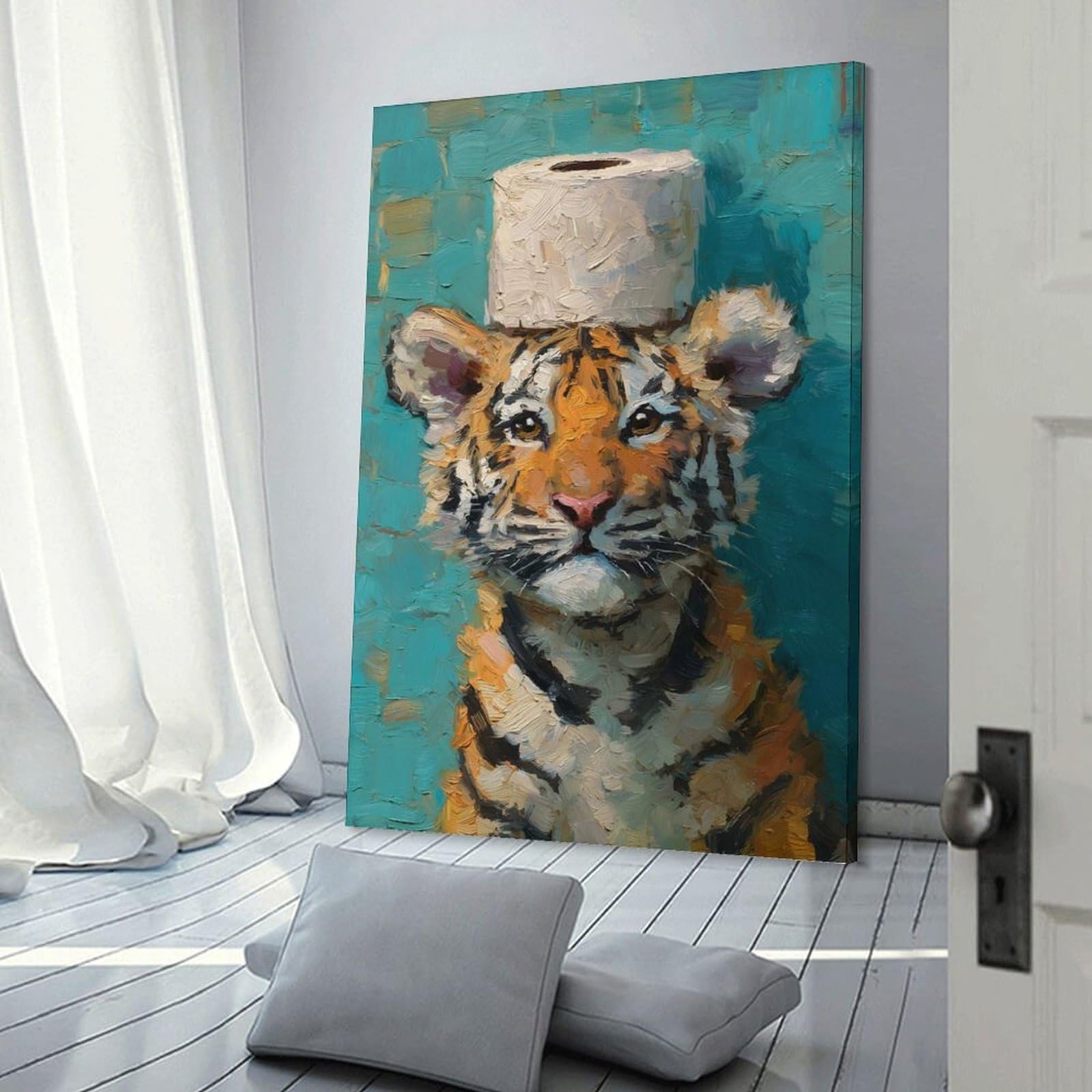 Junmoney Canvas Wall Art Tiger Cub with Toilet Paper Hat, 08x12inch(20x30cm), for New Homes, Bedrooms Or Workspaces, Canvas Artwork with Gifting Potential