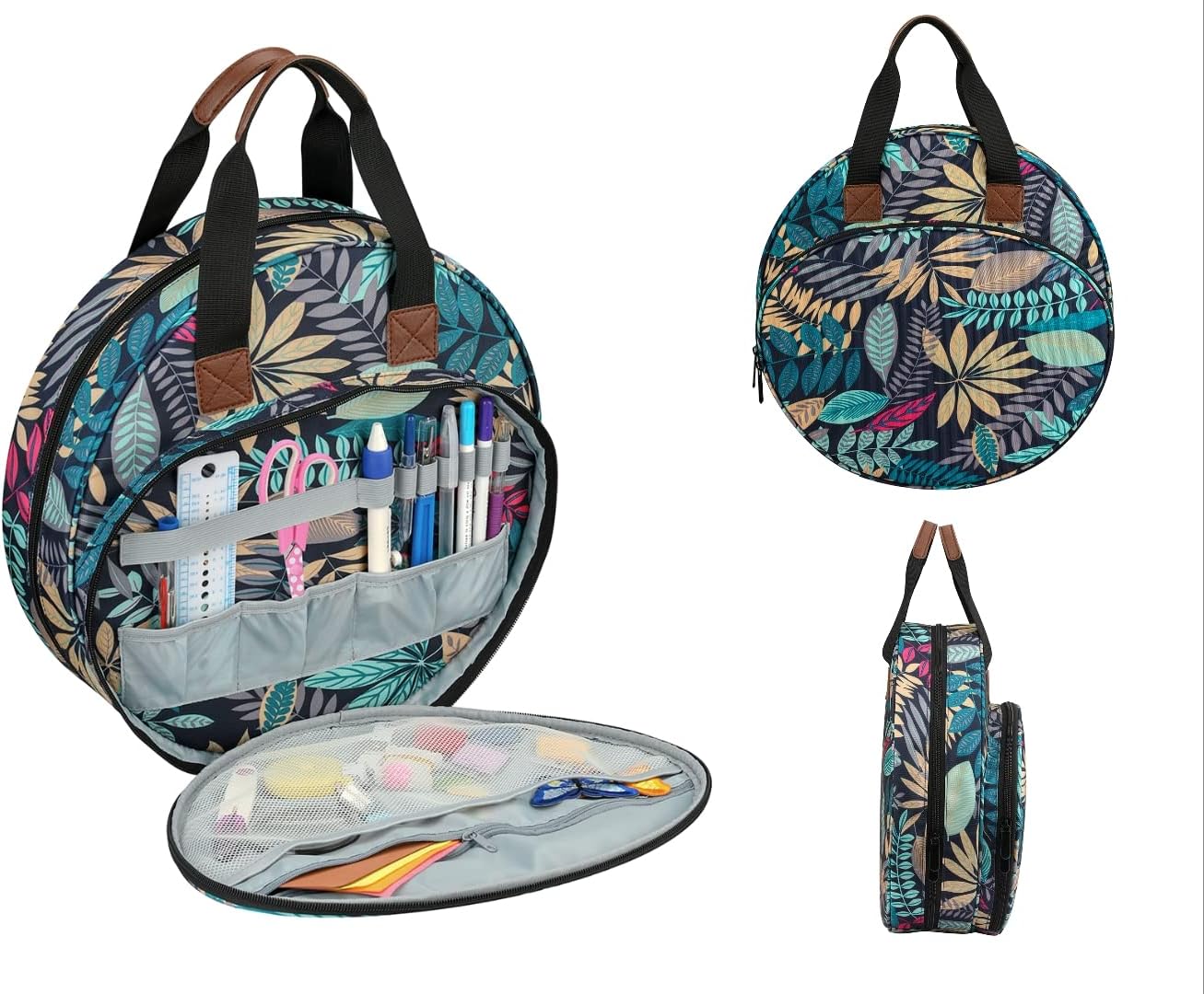 Embroidery Bag for Cross Stitch Project, Portable Carrying Case Travel Tote for Embroidery Hoops, Floss, Cross Stitch Tools, Leaves