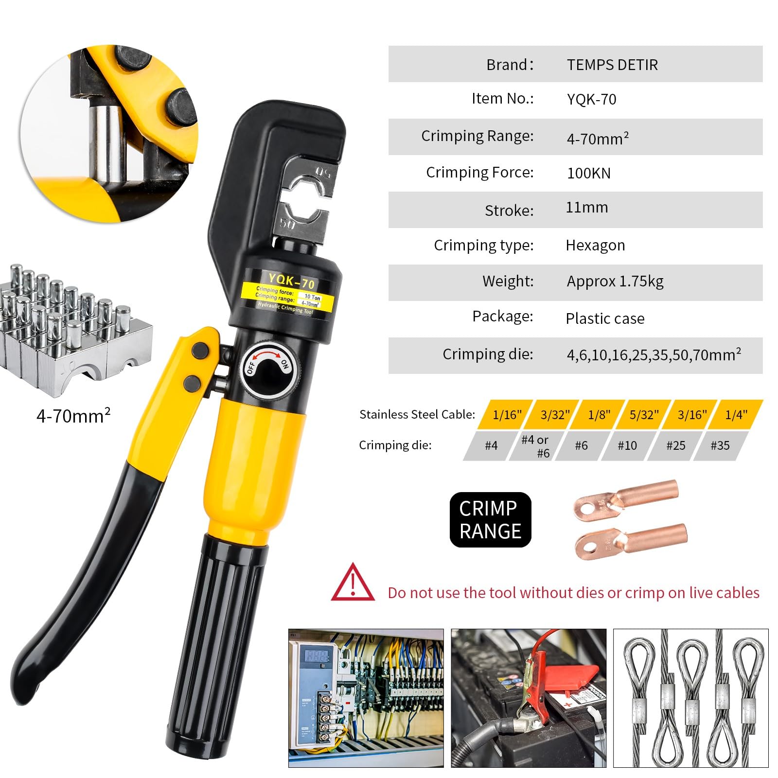 Sertisseuse hydraulique manuelle, 4-70mm² Hydraulic Crimping Tool 10T Pressure Pliers For DIY Cable Terminal Wiring, Cordless For Home