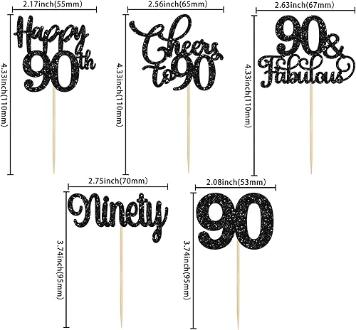 Miniatura 2 de Paquete de 30 adornos para cupcakes de feliz 90 cumpleaños con purpurina negra de noventa y saludos a 90 años para decorar pasteles de cumpleaños de