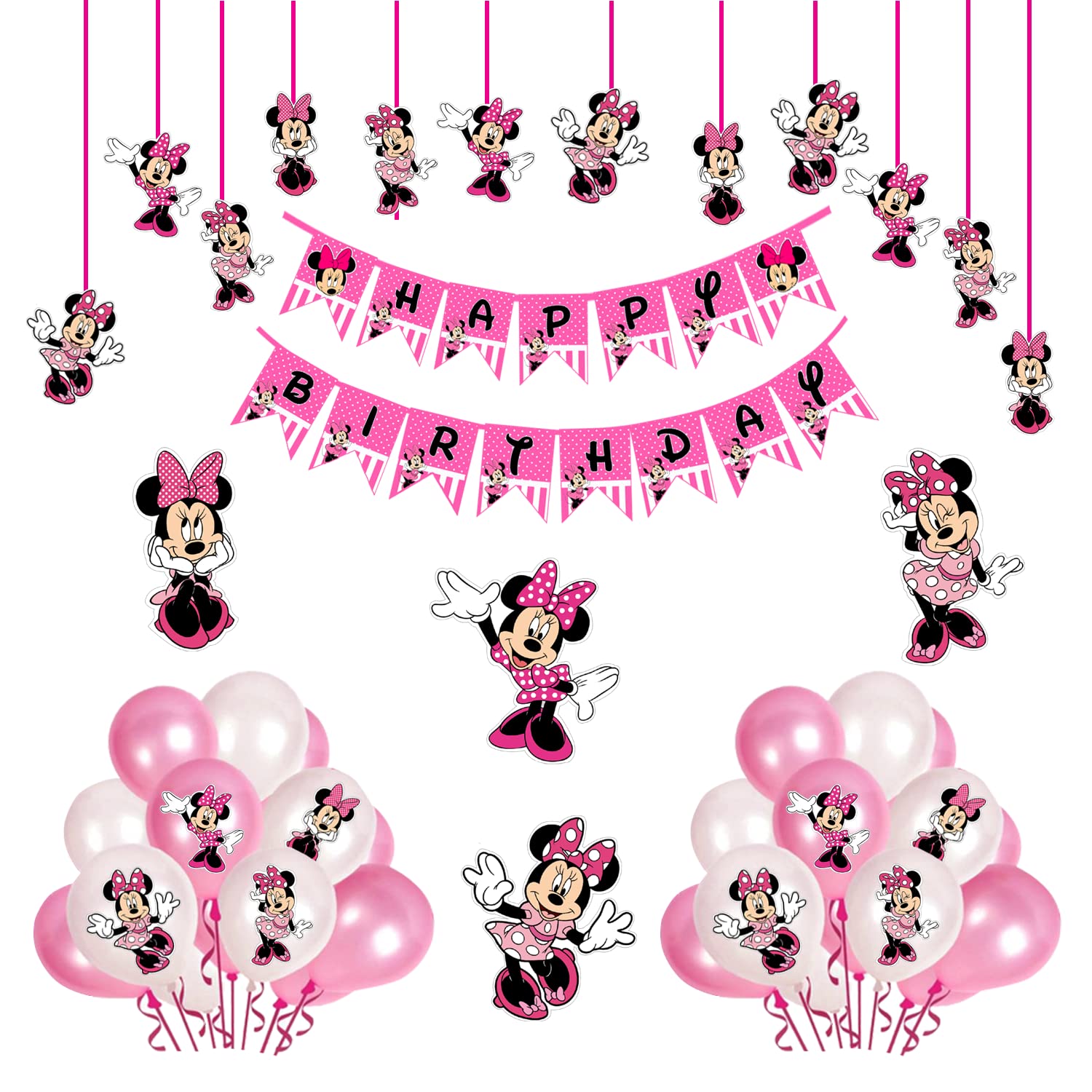 WoW Party Studio Minnie Mouse Happy Birthday Theme Party Decorations Items Combo Kit Set - 45Pcs with Banner, Cutouts, Balloons for Girls Boys Kids
