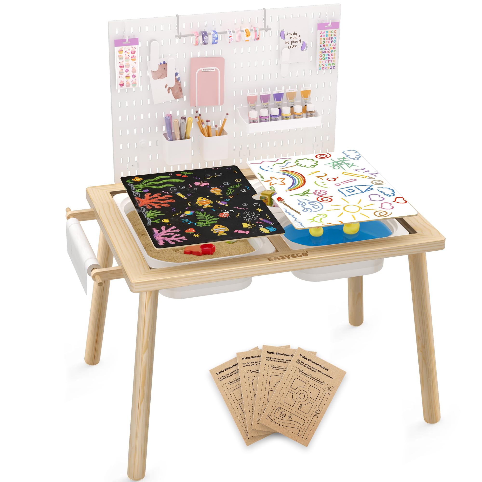 Easyego Sensory Table for Toddlers Kids Play Wooden Sand Water Table with Can DIY Creation Pegboard &amp; Foldable Storage Bins for Indoor and Outdoor Use,Birthday Gifts for Boys and Girls - Natural Color