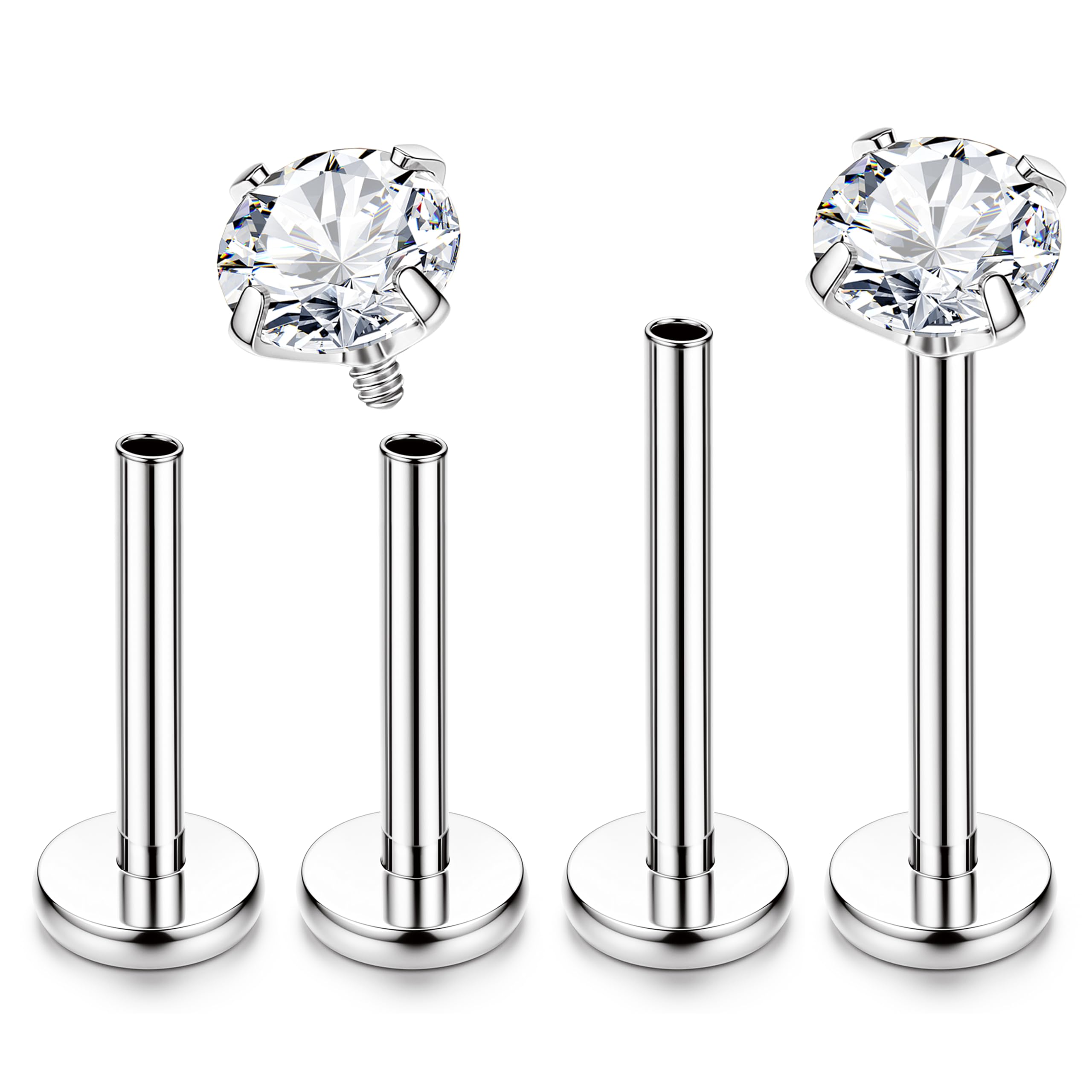 Adramata Titanio Piercing Labio Roscado Interno Piercing Tragus 16G/18G Piercing Helix, Pendientes Monroe Medusa Cartílago, Piercing Oreja para Mujeres Hombres CZ Ópalo Piercing Nariz Plata,4Pcs