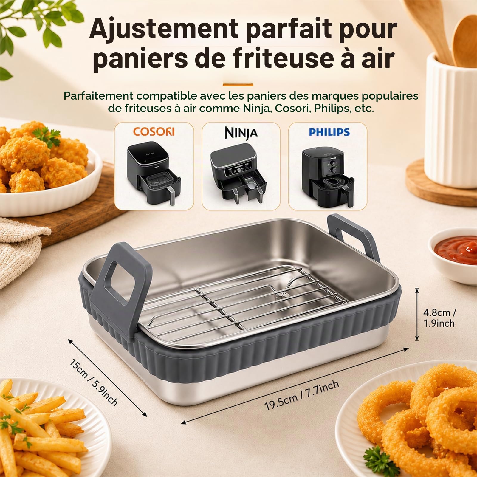 2 Plats Pour Air Fryer En Acier Inoxydable, Compatibles avec Heißluftfritteuse AF400EU/AF500EU/AF451EU/DZ400EU, Plat Four Avec Couvercle Et Poignées Amovibles, Accessoire pour Airfryer, Sans BPA