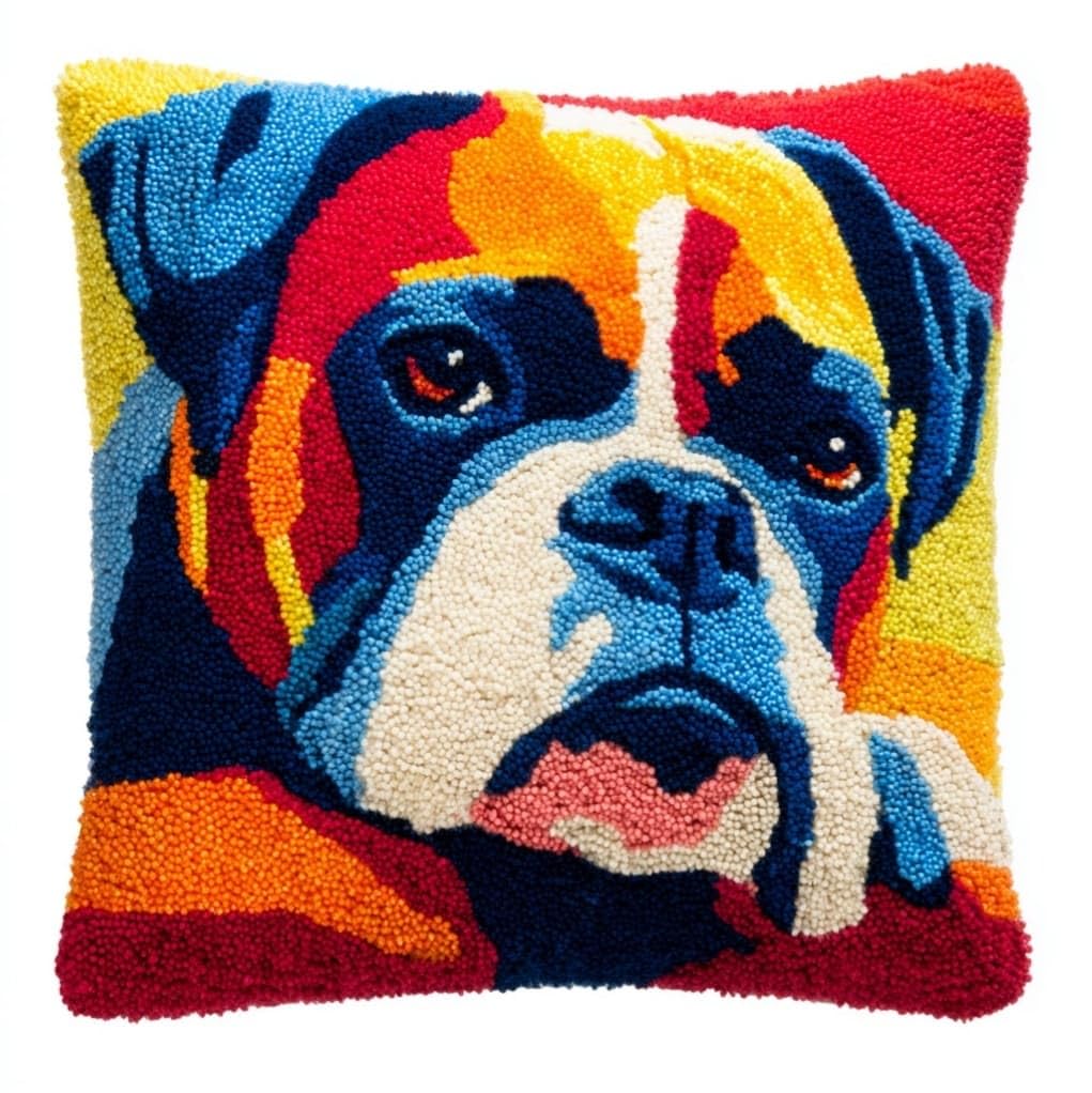 Henypt Latch Hook Pillow Kit 17x17 Inch,Animal Dog Boxing Dog
