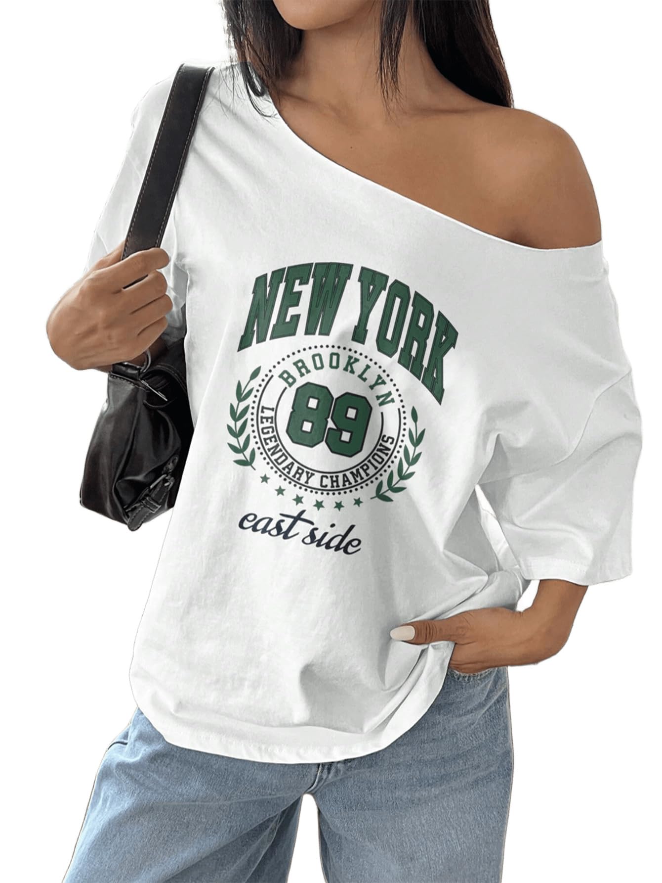 sxv style SXV Loose Asymmetric Neck T-Shirt with New York Brooklyn Print, White Color, Oversized Spring Style-picture-45