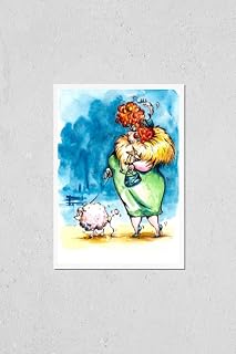 HardPress Wall Art Poster Print of Fat Woman with Dog on The Walk Watercolor Painted.