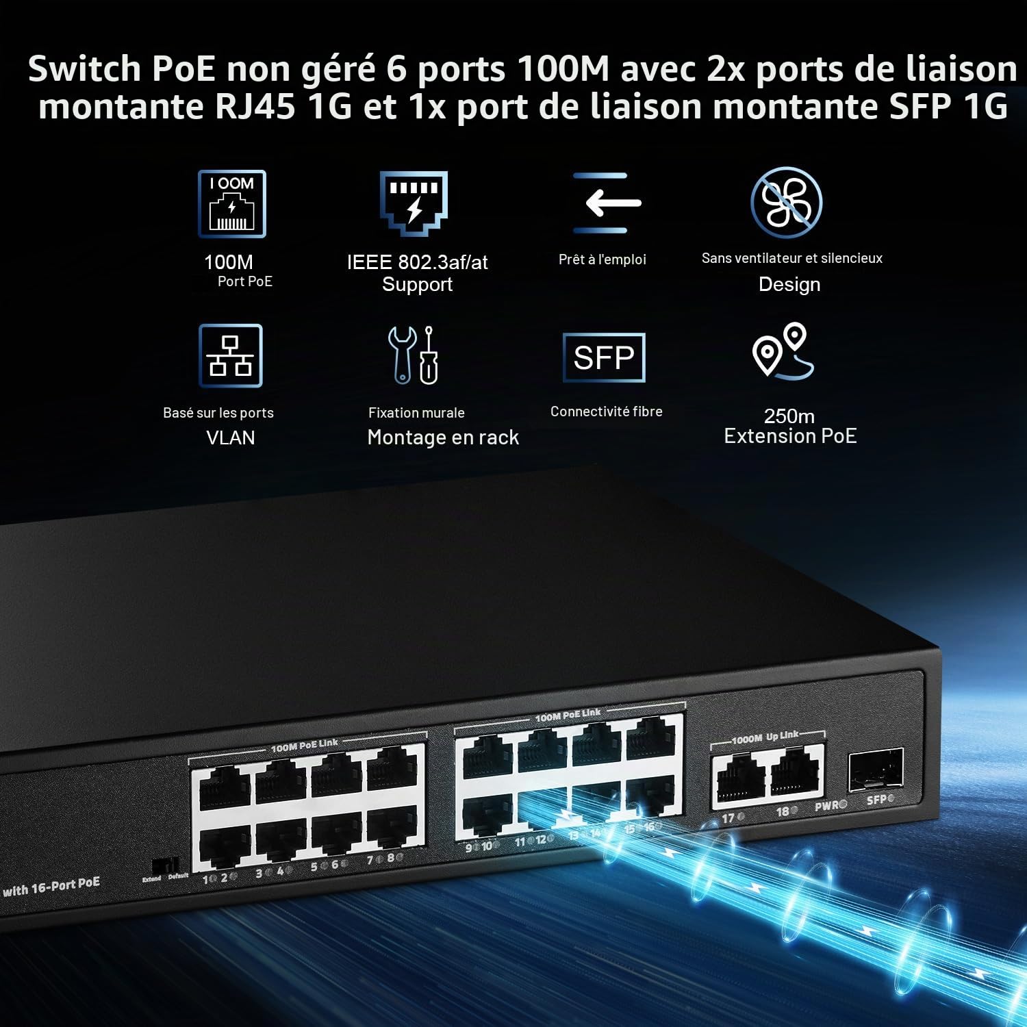 Binardat 19 Port POE Switch, 16 Ports POE+ 100Mbps, 2 Gigabit Uplink, 1 Gigabit SFP, IEEE802.3af/at, 300W Internal Power Supply, Metal Case Unmanaged Plug and Play