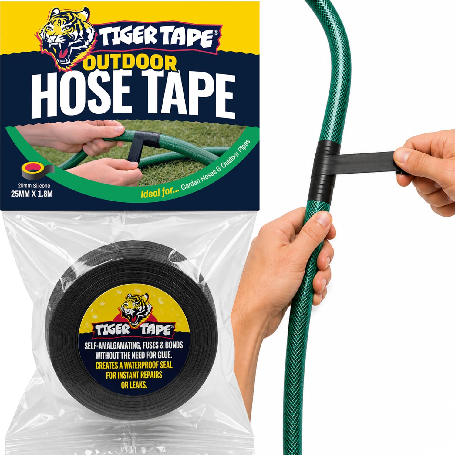 Tiger Tape® Seal Hose Repair Tape, Self-Fusing Silicone Tape, Waterproof Self-Amalgamating Leak Repair, Emergency Pipe & Hose Fix, Outdoor Garden Use, Black, 25mm x 1.8m