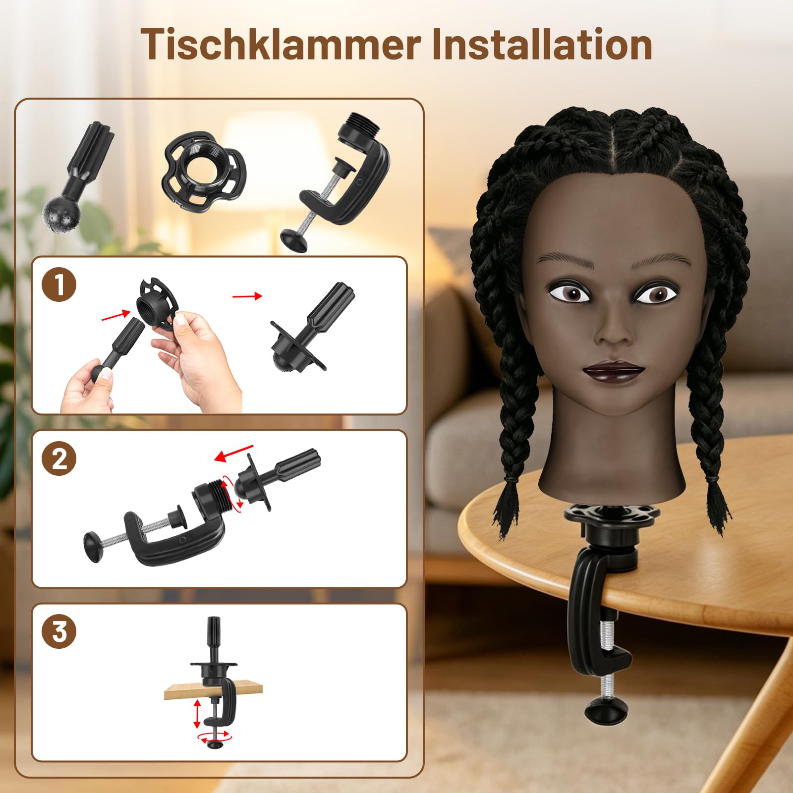 TwoWin 16 Zoll /40 cm Afro Trainingsköpfe für Friseure, Frisierkopf mit 100% Echthaar, Übungskopf Afrikanischer Friseurkopf Puppenkopf mit Tischhalter + Haar Styling Braid Set (Schwarz)