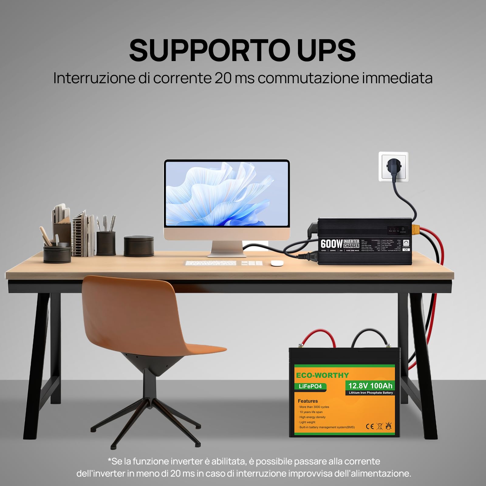 ECO-WORTHY LiFePO4 14,6 V 25 A Caricabatterie con convertitore 600 W da 12 V a 230 V, priorità alla rete e funzione UPS, per batteria LiFePO4 Deep Cycle, auto, camion, veicoli turistici