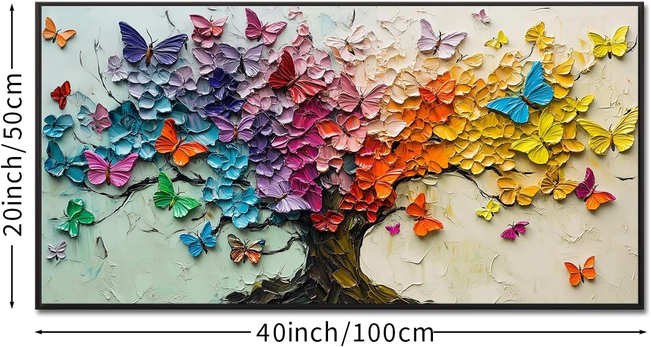 iKNOW FOTO Colorful Butterfly Tree Canvas Print with Black Floater Frame Rainbow Abstract Wall Art for Living Room Bedroom Office Ready to Hang 20x40''