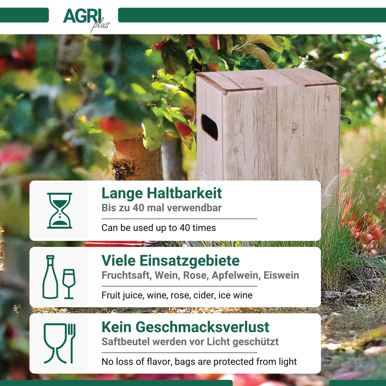 AGRI plus Bag-in-Box-Beutel mit Karton I 3 Liter I 50 Stück I Hochwertiges Saftbeutel-Set mit Holzkiste-Apfel-Motiv I Bis zu 40 x wiederverwendbar I Standboden-Beutel für Apfelsaft, Saft & Wein