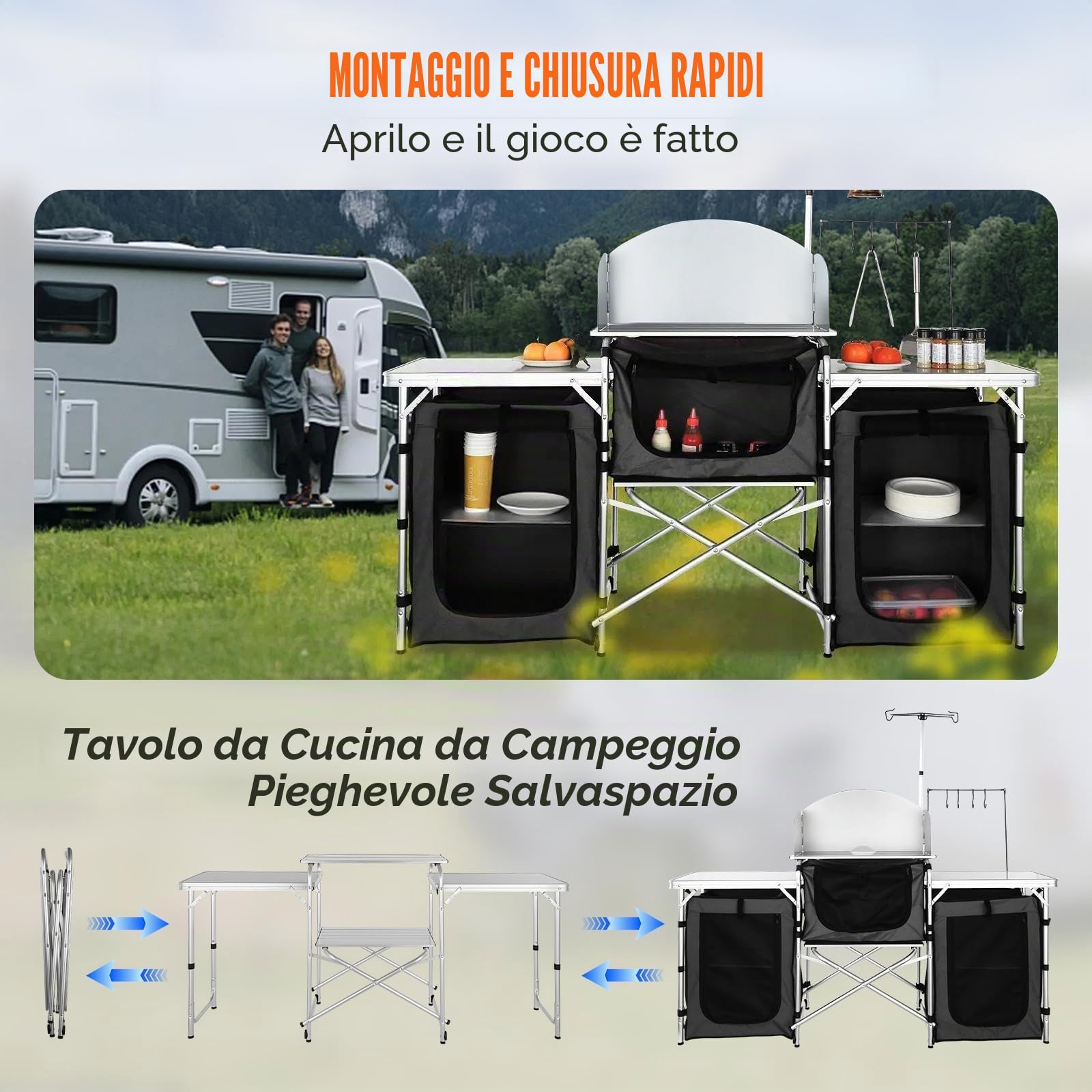VEVOR Cucina da Campeggio per Cottura Pieghevole Portatile con Parabrezza a 3 Lati Materiale in Alluminio Ferro MDF Dimensioni Estese 174x176x46 cm, Tavolo Pieghevole Portaoggetti da Campeggio per BBQ