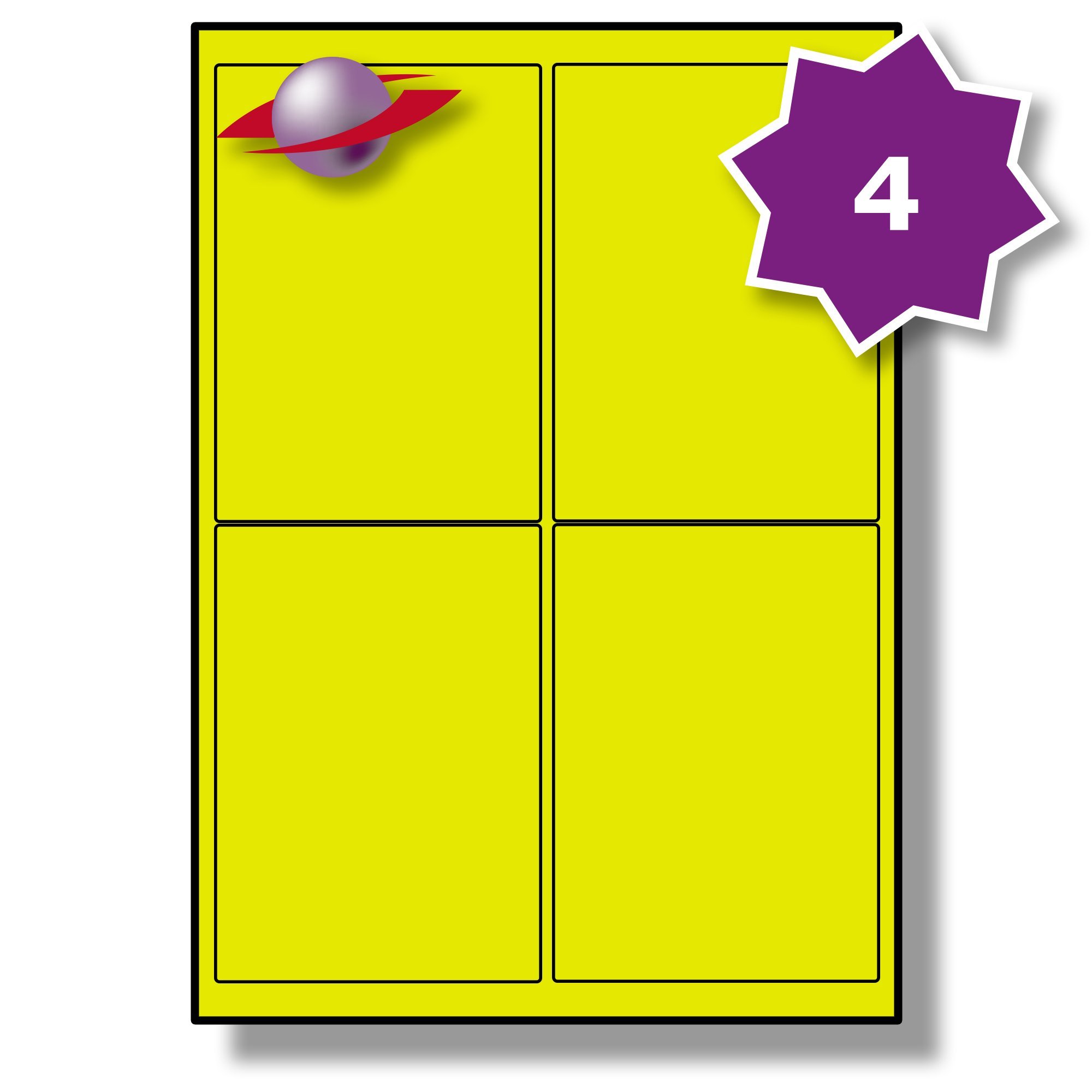 Label Planet® 4 Per Sheet, 25 Sheets (100 Fluorescent Yellow Labels). Fluorescent Labels for Laser Printers, 99.1 x 139mm, LP4/99 FC.