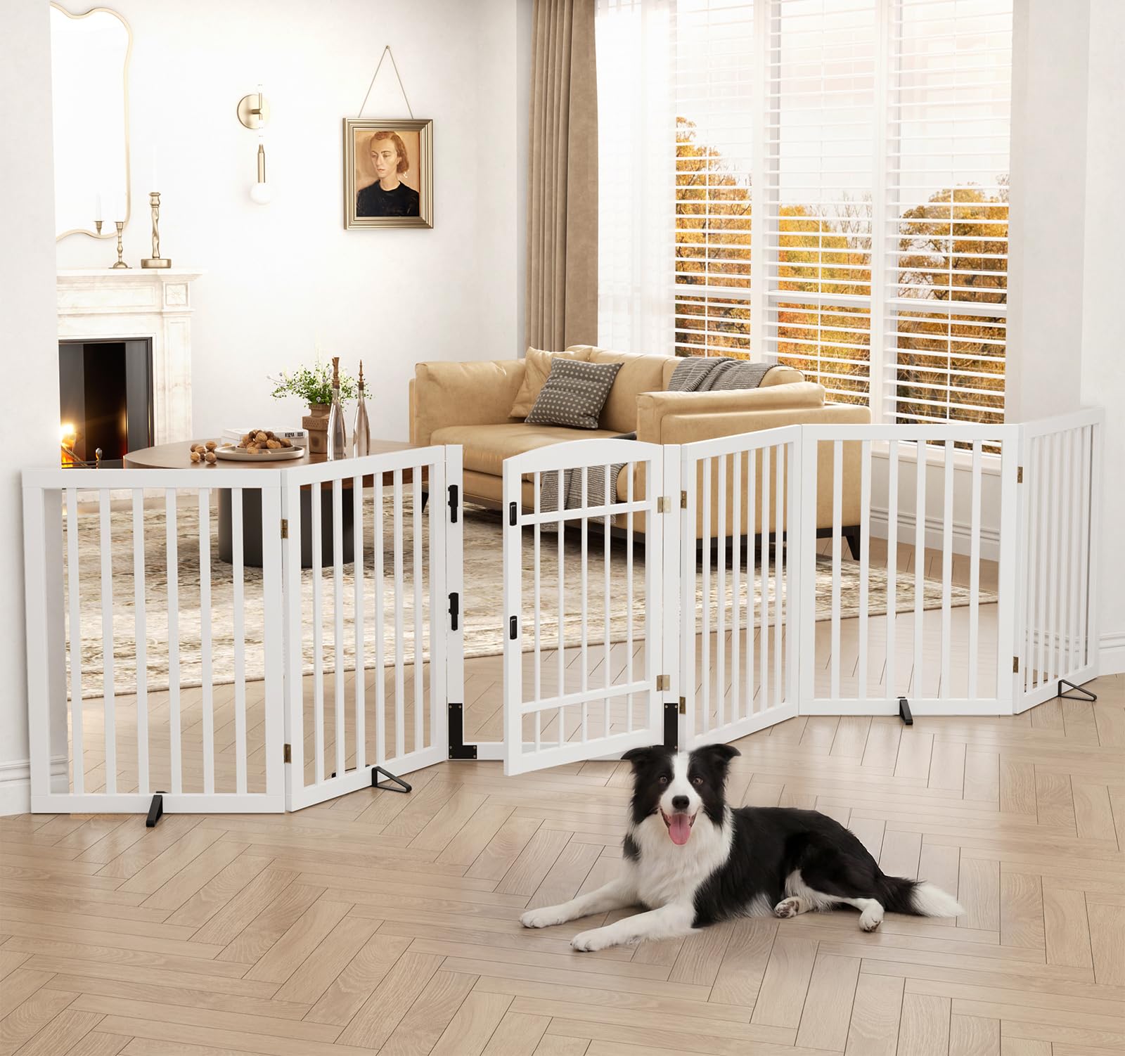 Homykic 실내용 강아지 게이트 실내, 너비 360.7cm(142인치) x 높이 76.2cm(30인치) 엑스트라 와이드 접이식 대나무 반려동물 게이트, 조립 필요 없는 독립형 강아지 울타리, 2개의 지지 피트 및 출입구 복도용 360° 경첩 포함(화이트, 패널 6개)