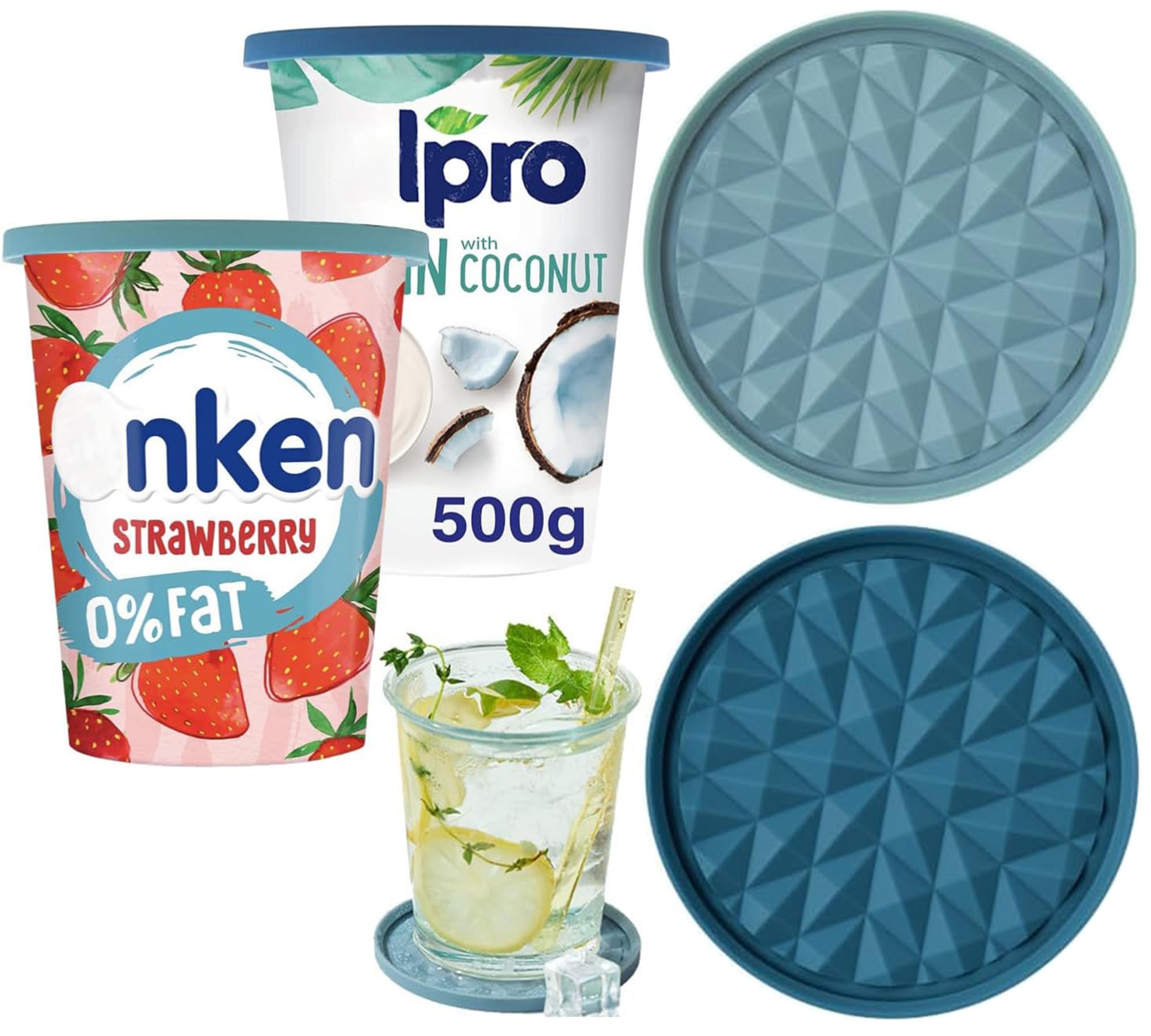 Yoghurt Pot Lids ONLY Fit 9.5cm Diameter Pots(2 Sets, Dark blue & Light blue) Reusable Silicone Large Tops, Reversible to Coaster, for 9.5cm Yogurt, Cream Pots