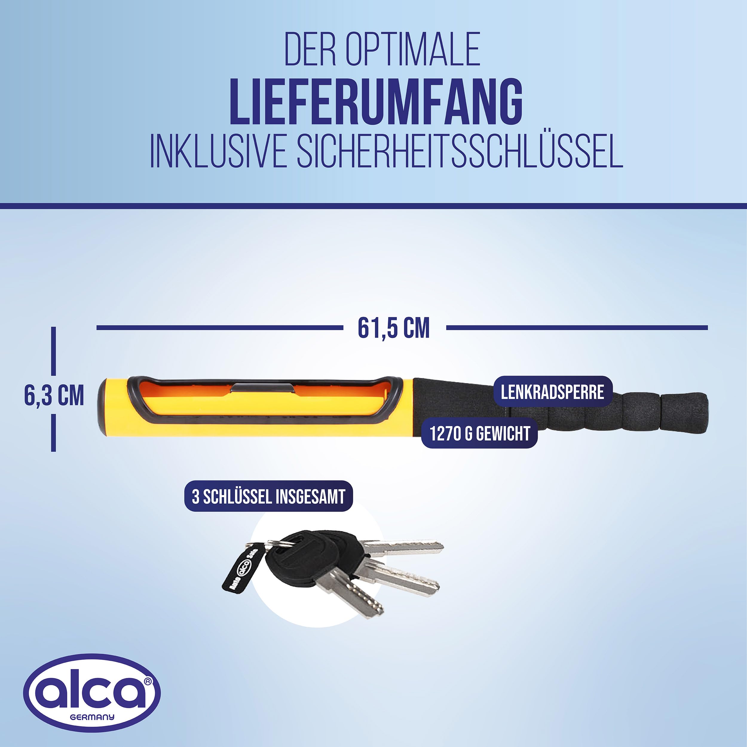 alca® Lenkradsperre Lenkradschloss Wegfahrsperre Lenkradkralle Diebstahlsicherung Lenkradschloss 3 Schlüssel für alle Lenkradstärken Gesamtlänge: 615 mm