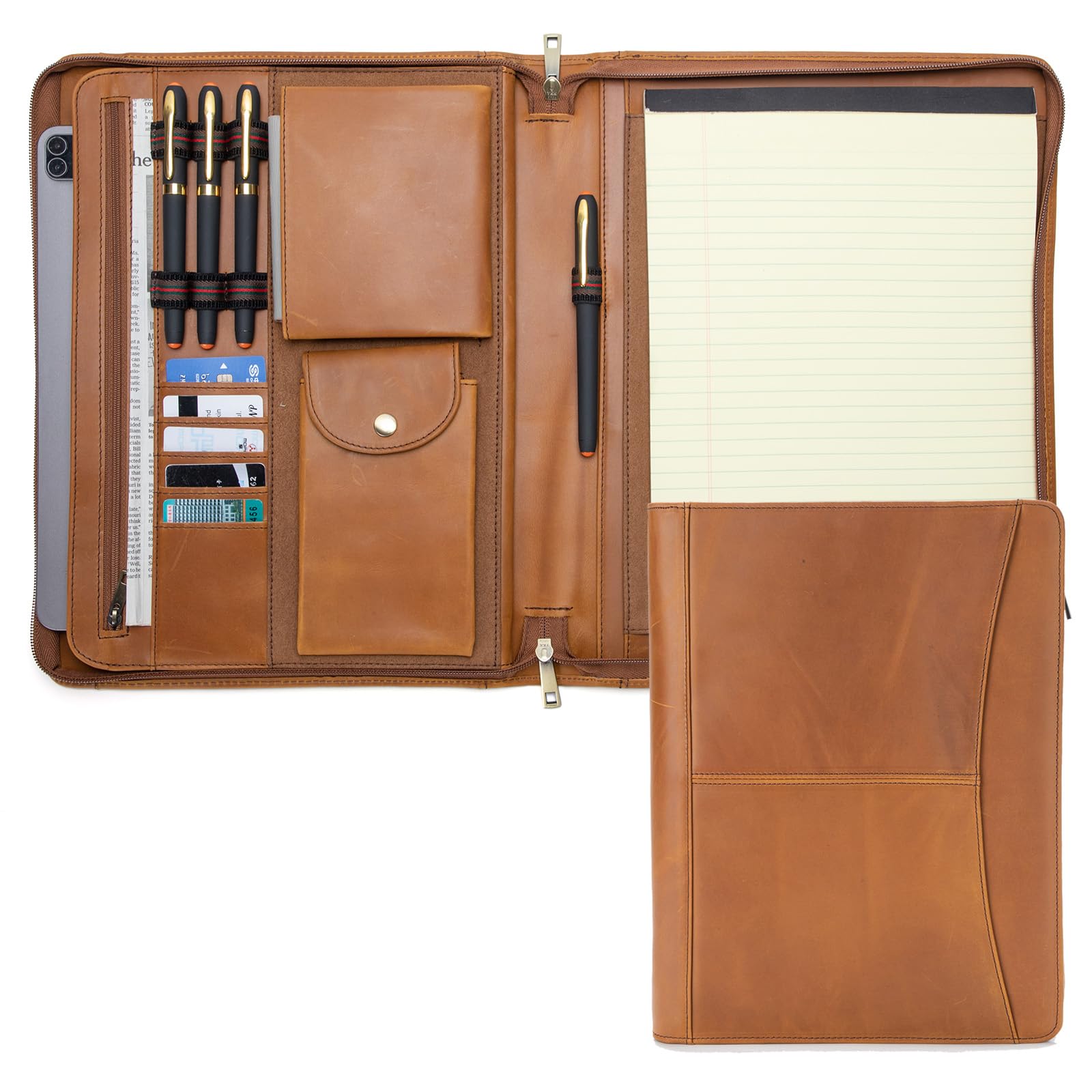 Geslun Genuine Leather Portfolio Binder with Zipper, Pocket Outside, Business Padfolio with A4 8.5x11 Notebook Holder Laptop Folder Organizer Gift for Women and Men, Brown — image 1