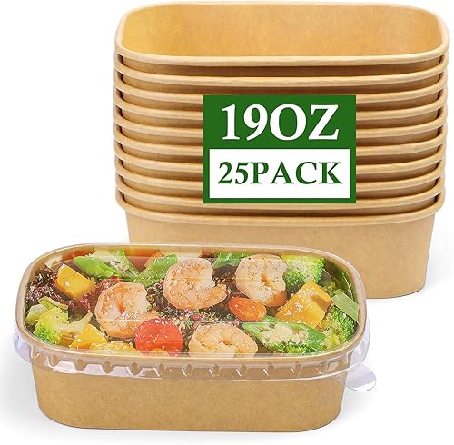 Paquete de 25 cuencos de papel de 19 onzas, recipientes desechables con tapas, cuencos rectangulares desechables con tapas, cuencos desechables con