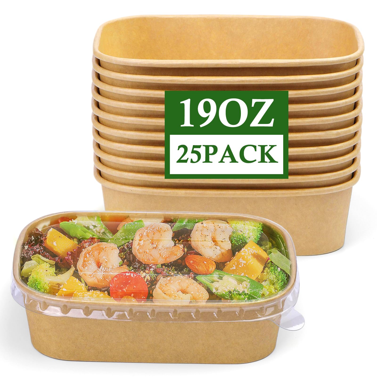 Fniiva 25 ​Pack 19 oz Paper Bowls, Disposable Food Containers with Lids, Rectangular Disposable Bowls with Lids, Disposable Salad Bowls for Diet Salad