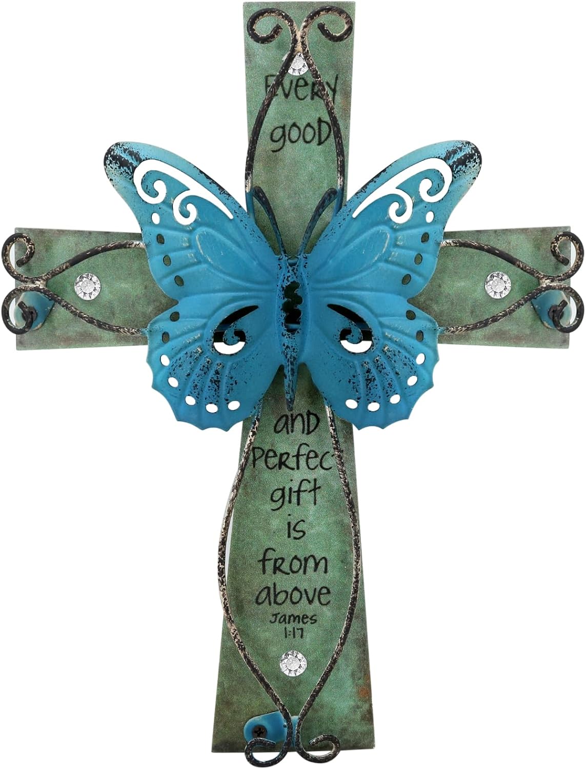INHAI Handcrafted Christian Wall Cross 9x7,James 1:17 Verse on Wood with Antiqued Metal,Inspirational Home Decor Gift(Blue)