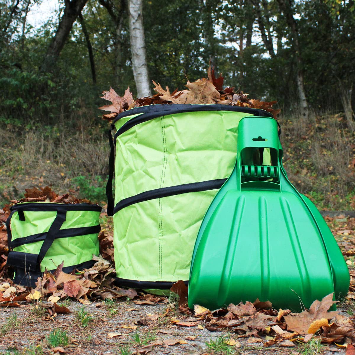 Rekord Laubsack Set 2-teilig stabil Wasserabweisend (Grün) mit Pop Up Technik, Gartensack, Abfallsack, Gartenabfallsack, Gartentasche, Gartenmüllsack, Korb