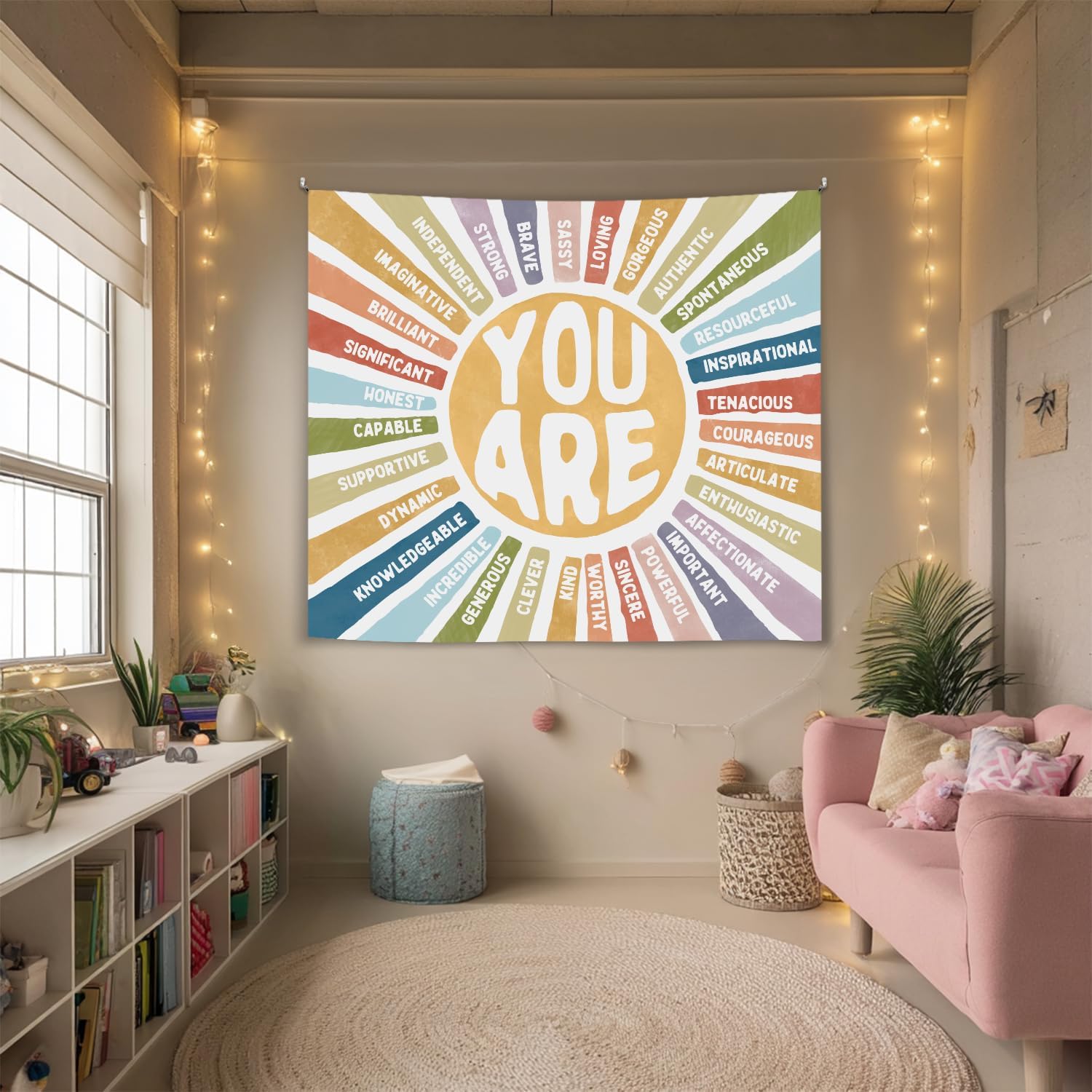 You Are Strong Wall Tapestry, Positive Affirmations Wall Hanging Decor, Self affirmation Poster Banner for Classroom, Counseling Office, Therapy Room, Teen Bedroom and Calm Down Corner(Colorful-You are)