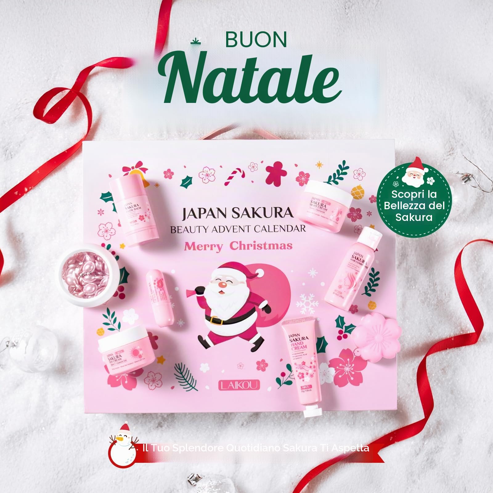 LAIKOU Calendario Dell'avvento Beauty 2025, Natale Calendario Avvento, 24 pezzi Kit per la Cura Della Pelle Sakura, Regali Natale Beauty per Donne, Ragazze e Teenager