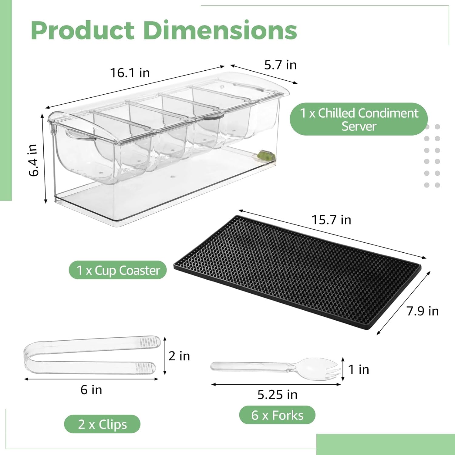 Chilled Condiment Server with Lid, 5-Compartment Plastic Food Storage Container with Drain Holes, Ice Box for Fruits with Cup Coaster, 2 Clips & 6 Fork Spoons, 16.1 x 6.4 x 5.7 in, Transparent - Image 4