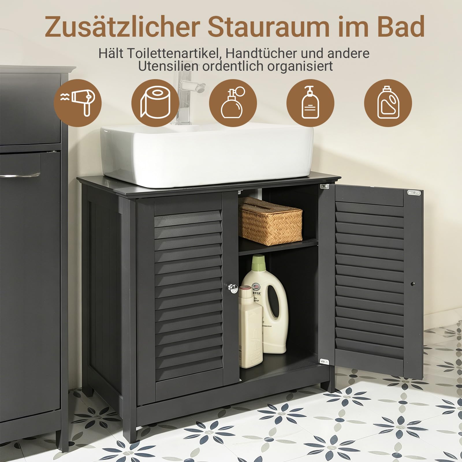 SoBuy Waschbeckenunterschrank, Badschrank mit verstellbaren Regalböden, Badmöbel aus MDF, Unterschrank für Badezimmer, Anti-Schimmel Lamellentür, Dunkelgrau, 60x58x35cm, FRG237-DG