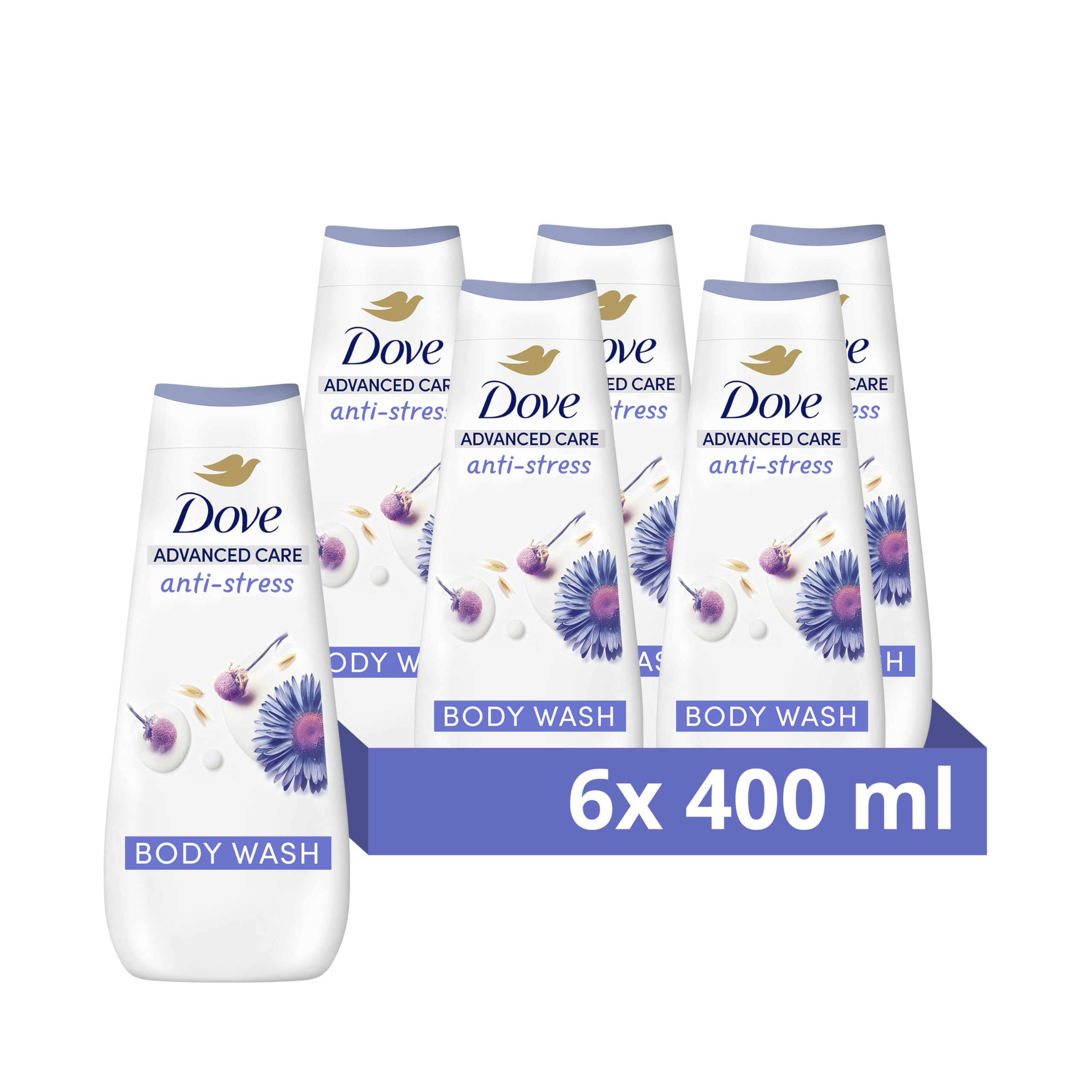 DoveAdvanced Care Anti-Stress Chamomile & Oat Milk Body Wash Shower Gel for instantly lotion-soft skin 400 ml, Pack of 6