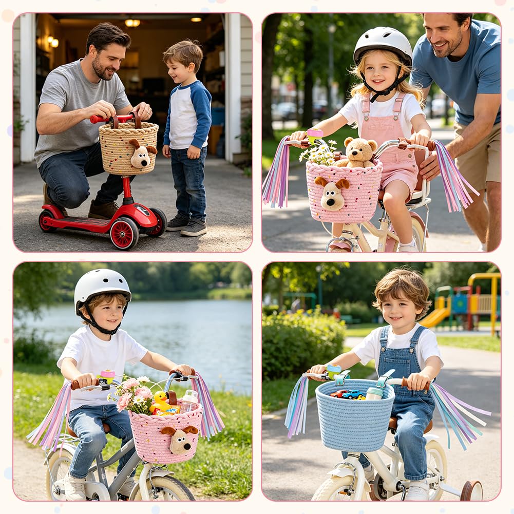 Cestino per bicicletta per bambini in corda di cotone con cinghie in pelle