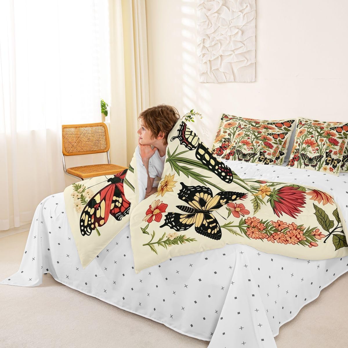 Feelyou Girls Butterfly Comforter Set Queen Size 7 Pieces Comforters Boho Bohemian Style Bedding Set Romantic Floral Garden Bed in a Bag with Comforter, Sheets, Pillowcases & Cushion Covers