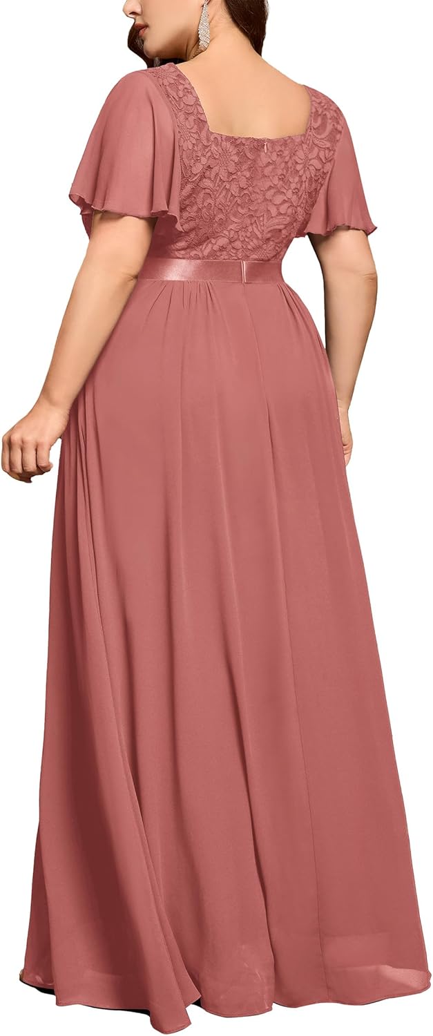 MISSMAY Women's Plus Size Floral Lace Ruffle Sleeves Beads Waist Chiffon Formal Party Maxi Dress - Image 2