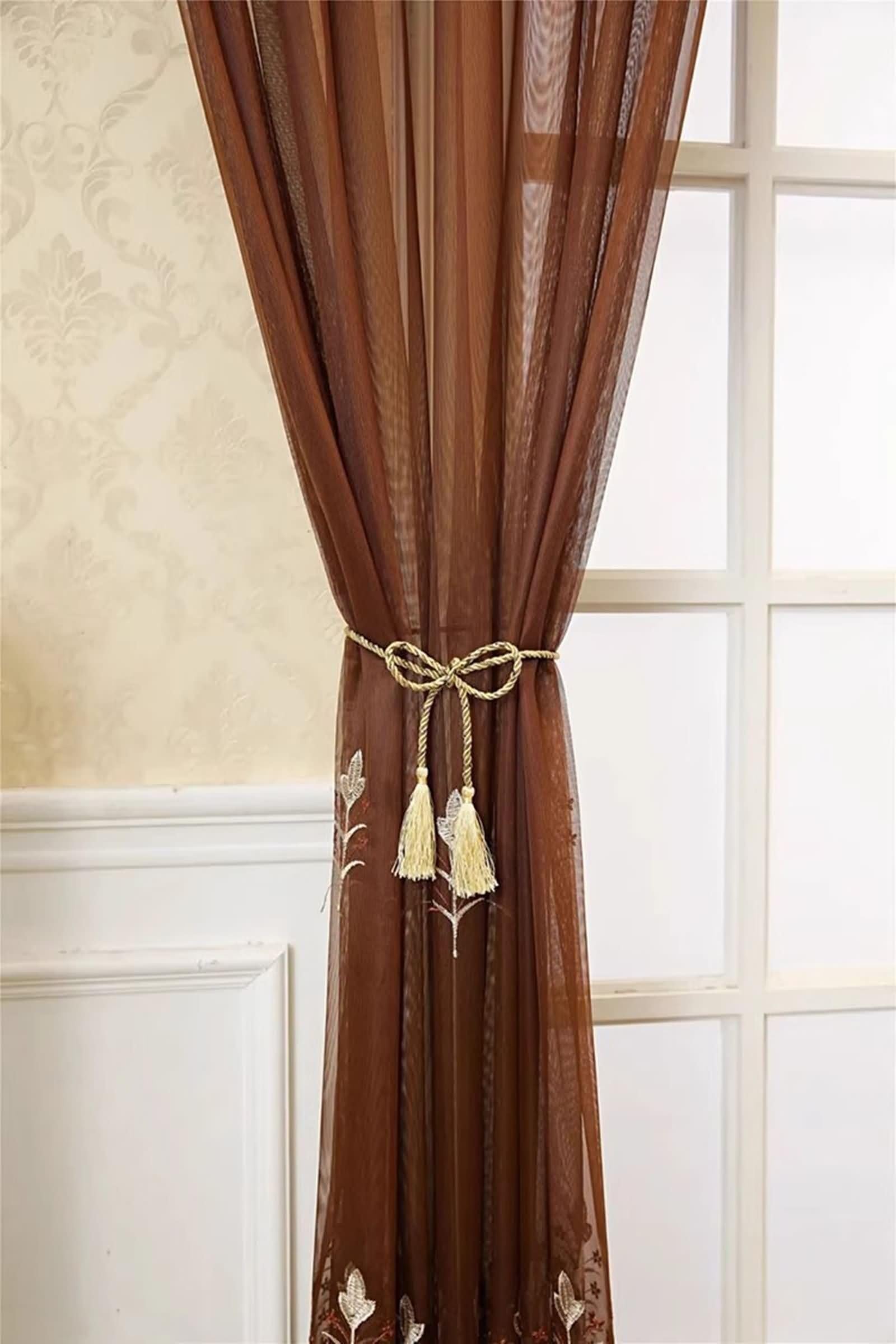 Voilage Fenetre Salon, Rideaux Fenetre Voilage Café Motif de Broderie en Dentelle Polyester Lot de 2 137W x 244L cm