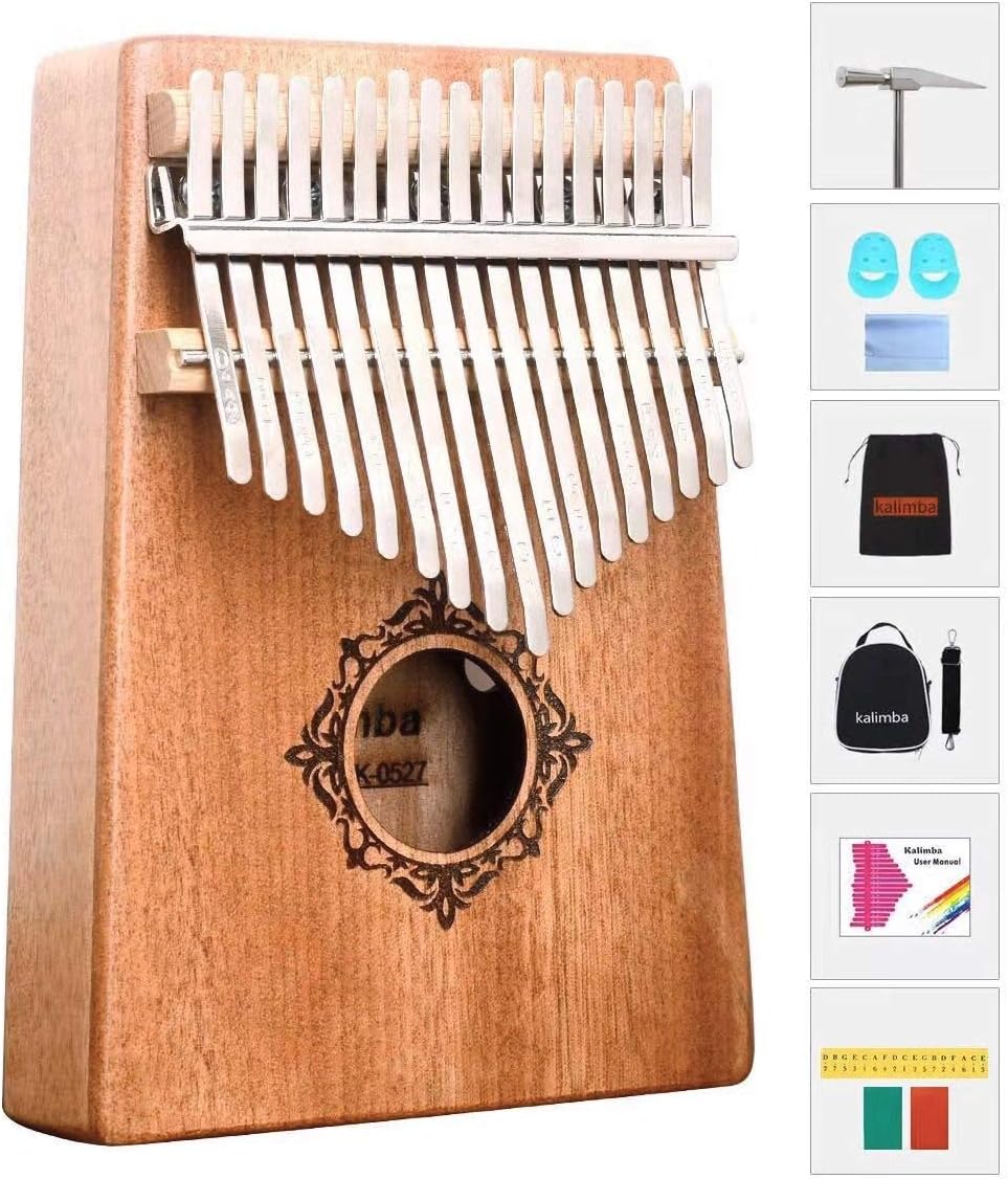 RMK Kalimba 17 Keys Thumb Piano Finger Piano Hand Piano Solid Mahogany Wood Body with Tune Hammer Finger Sleeve Cloth, two bags,English Manual,Tune Stickers and Color Stickers