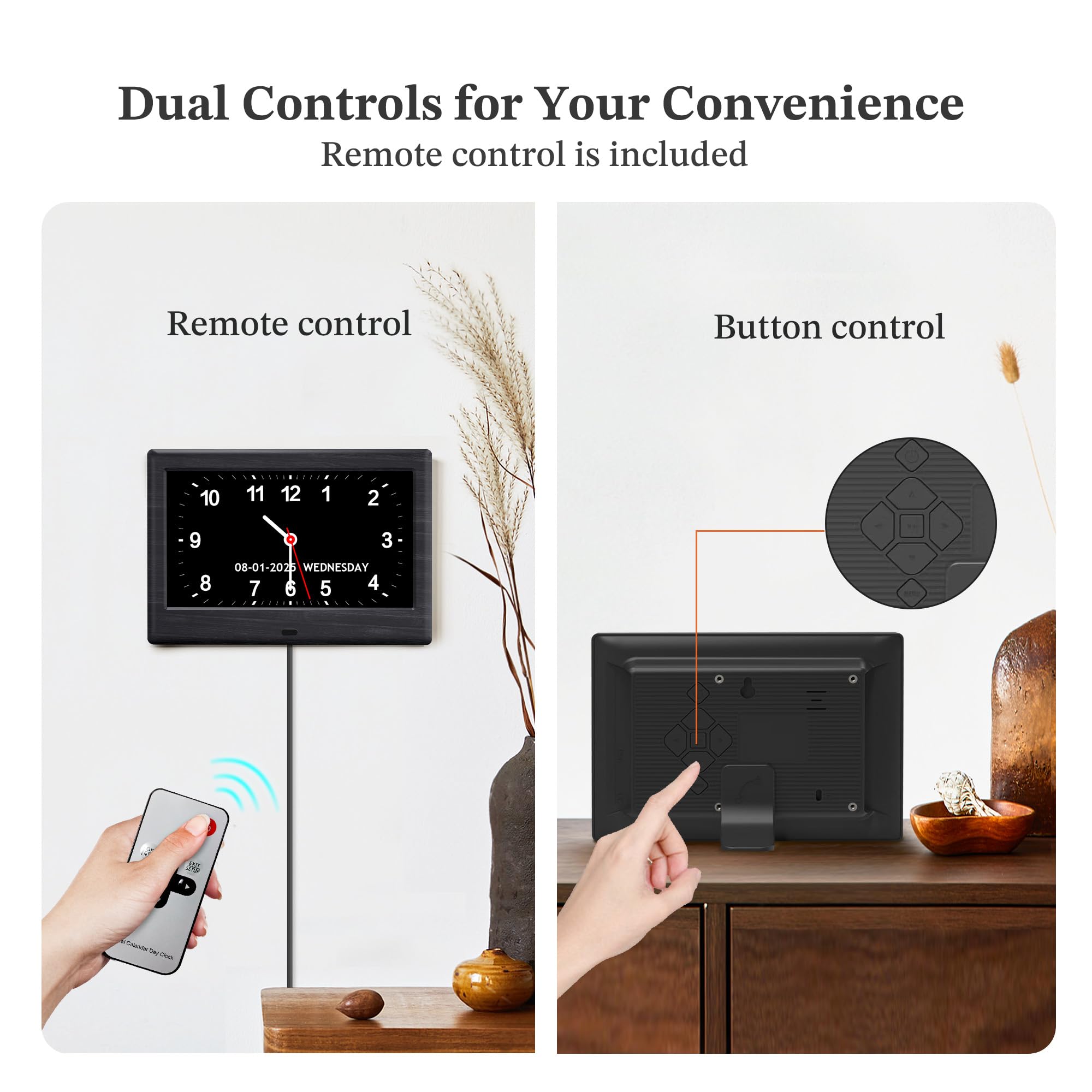 7'' Digital Clocks, 12 Reminders & 6 Alarms, Dementia Clock with Date and Time for Elderly, Auto-Dimming, Button & Remote Control, Auto DST, Digital Calendar for Seniors Large Display, Black Woodgrain