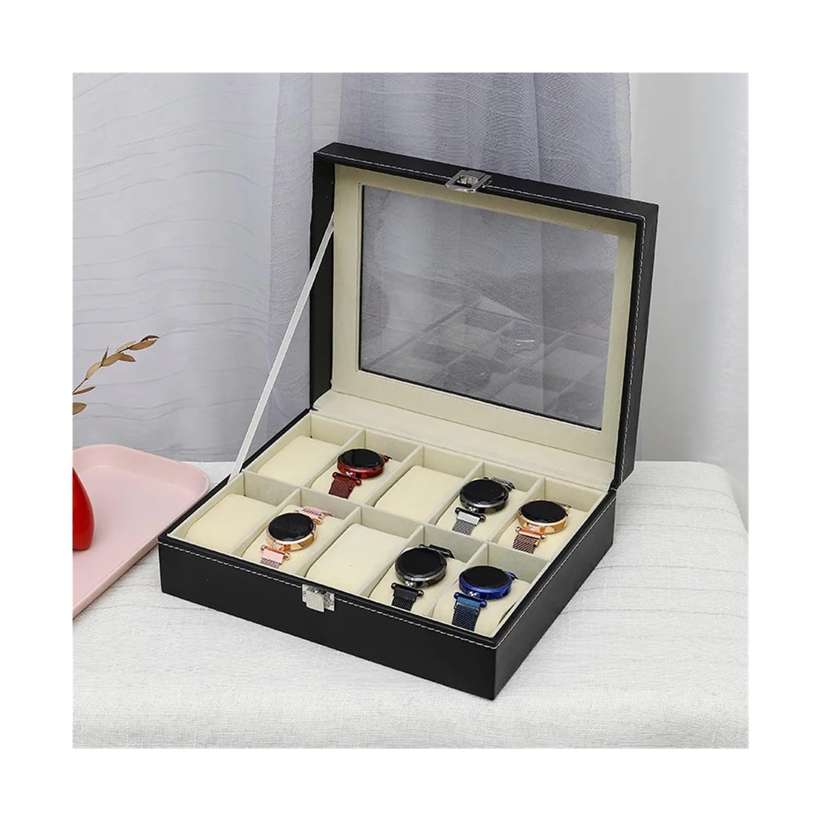 Caja Para Relojes Caja de reloj organizadora de colección de almacenamiento de exhibición de cuero PU for hombres, vitrina de reloj con tapa de vidrio Caja De Reloj Para Hombre Y Mujer(Beige 5 Grids)
