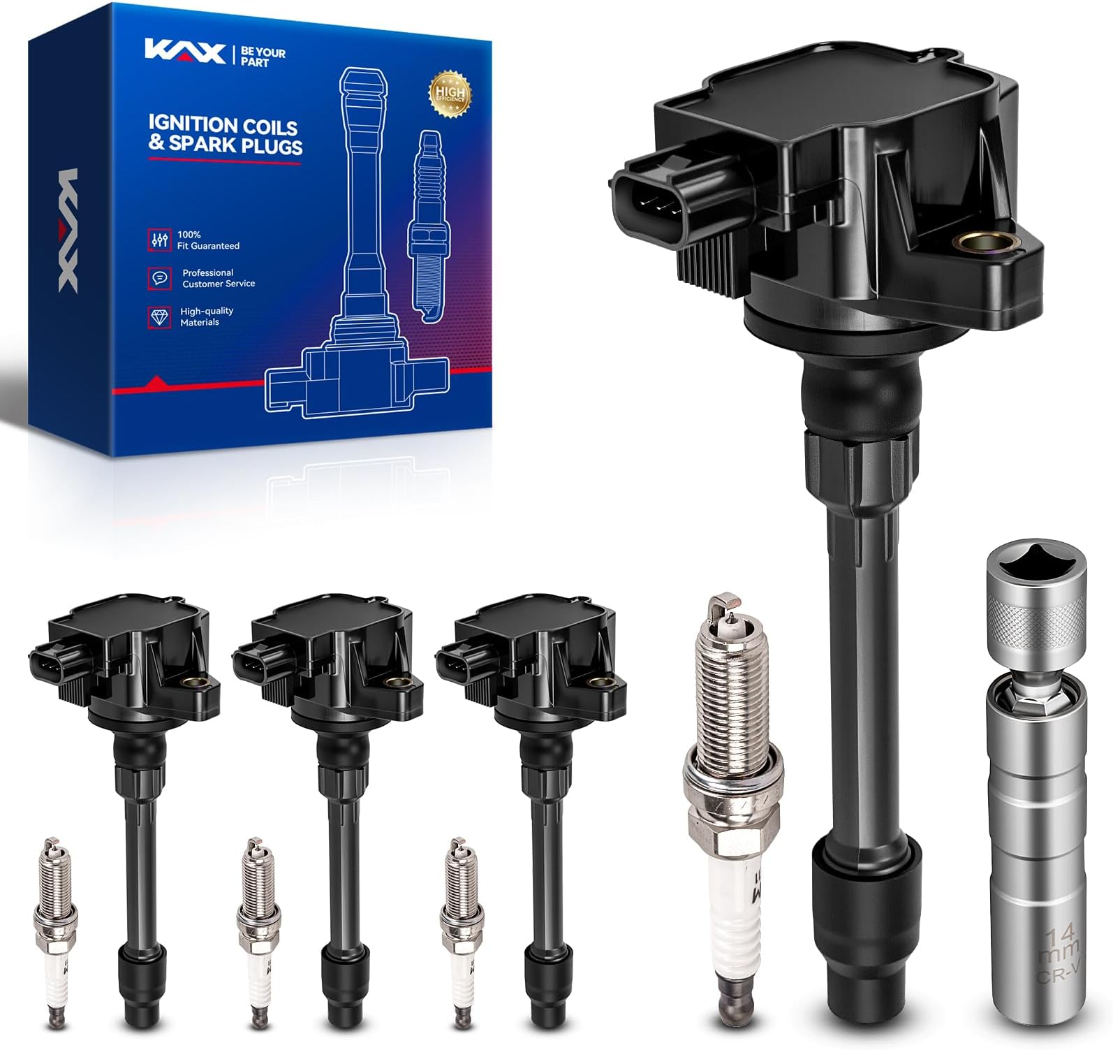 OEM Performance Set of 4 Ignition Coil Pack & Iridium Spark Plugs w/Magnetic Socket Compatible with Honda Civic 2016-2020 2.0L, Fit 2015-2019, UF749