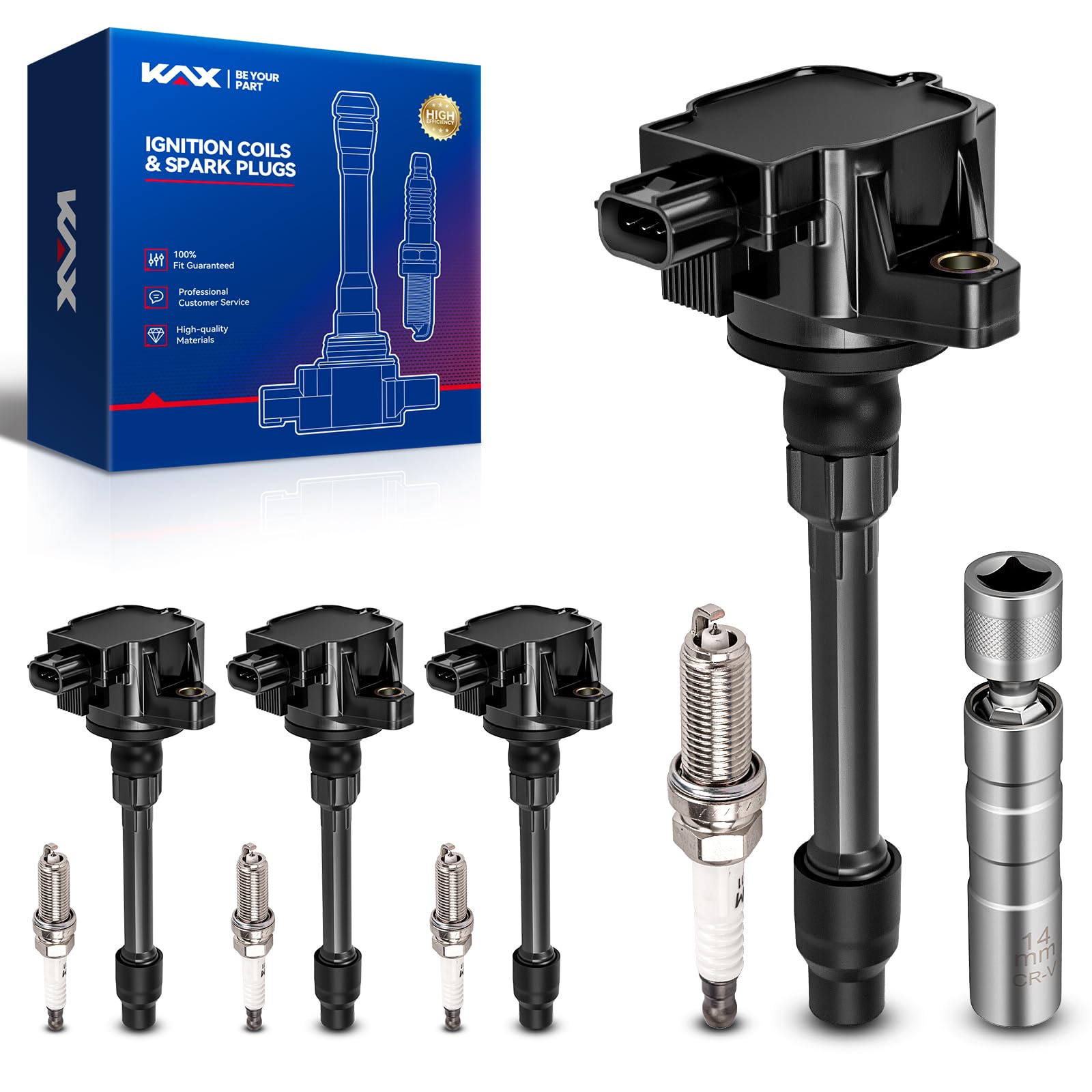 KAX OEM Performance Set of 4 Ignition Coil Pack & Iridium Spark Plugs w/Magnetic Socket Compatible with Honda Civic 2016-2020 2.0L, Fit 2015-2019, UF749