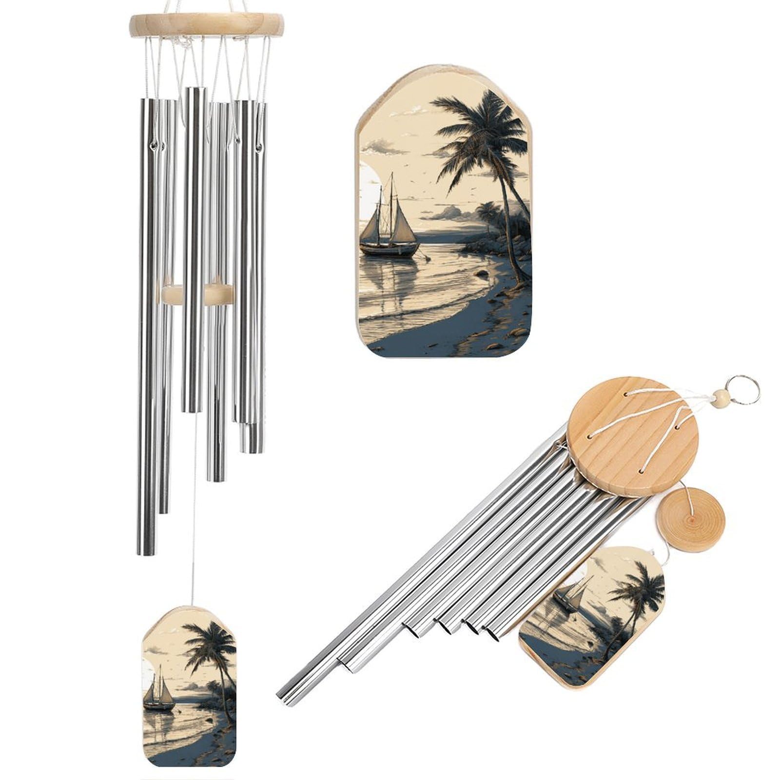 Carillon commémoratif aluminium jardin extérieur suspendu déco palmier et bateau de pêche