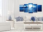 Pyradecor Bleu Nuages Toile Imprime Wall Art Moon Sea Beach Photos Peintures Prêt à accrocher pour la chambre à coucher Maison Décor Moderne 5 Pièce Artwork de paysage étiré AH5003