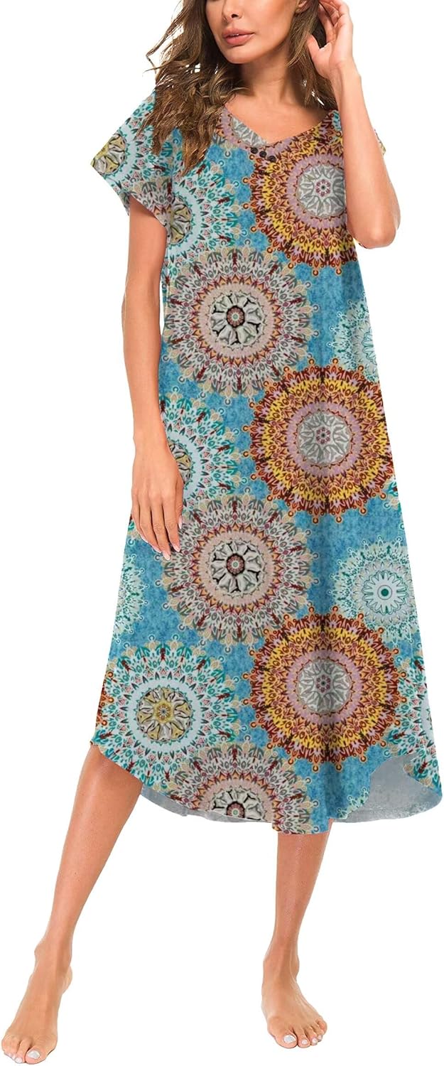 YOZLY Nightgowns for Women Short Sleeve Long Night Gowns Soft V Neck Sleepwear with Pockets